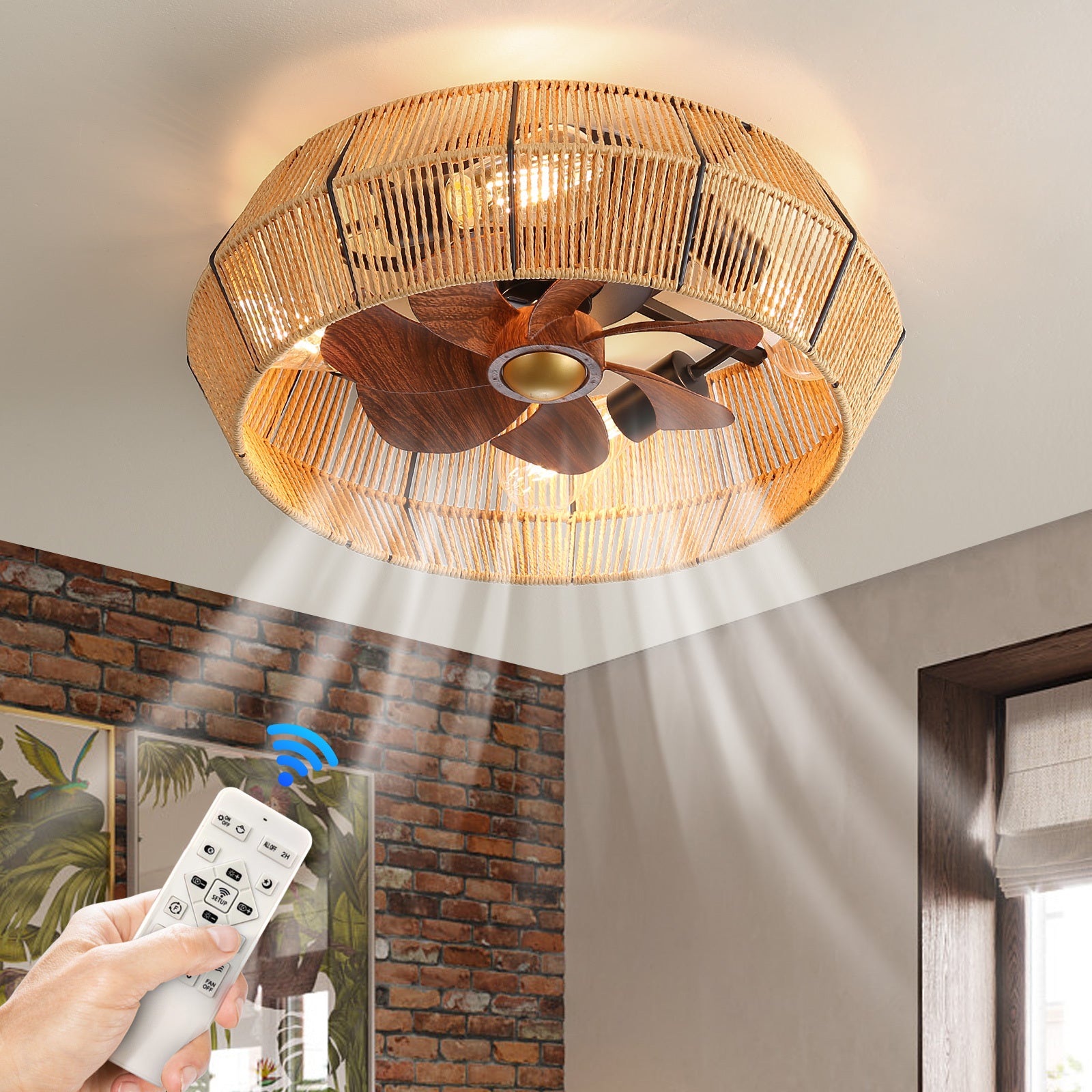 6 Speeds Paper Rope Caged Ceiling Fans with Lights Remote Control 10-12㎡