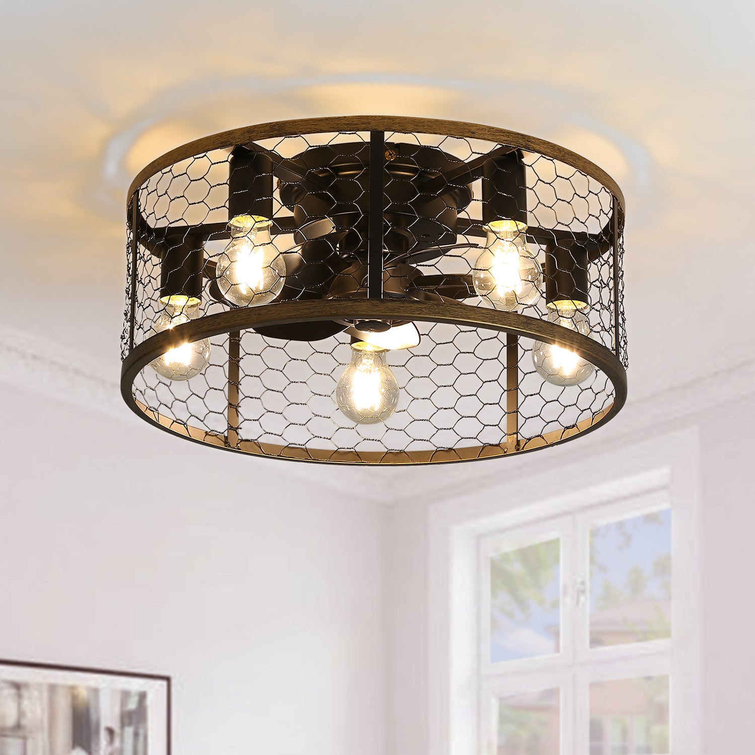 20 Inch Caged Ceiling Fan with Light and Remote - Low Profile Farmhouse Industrial Fan