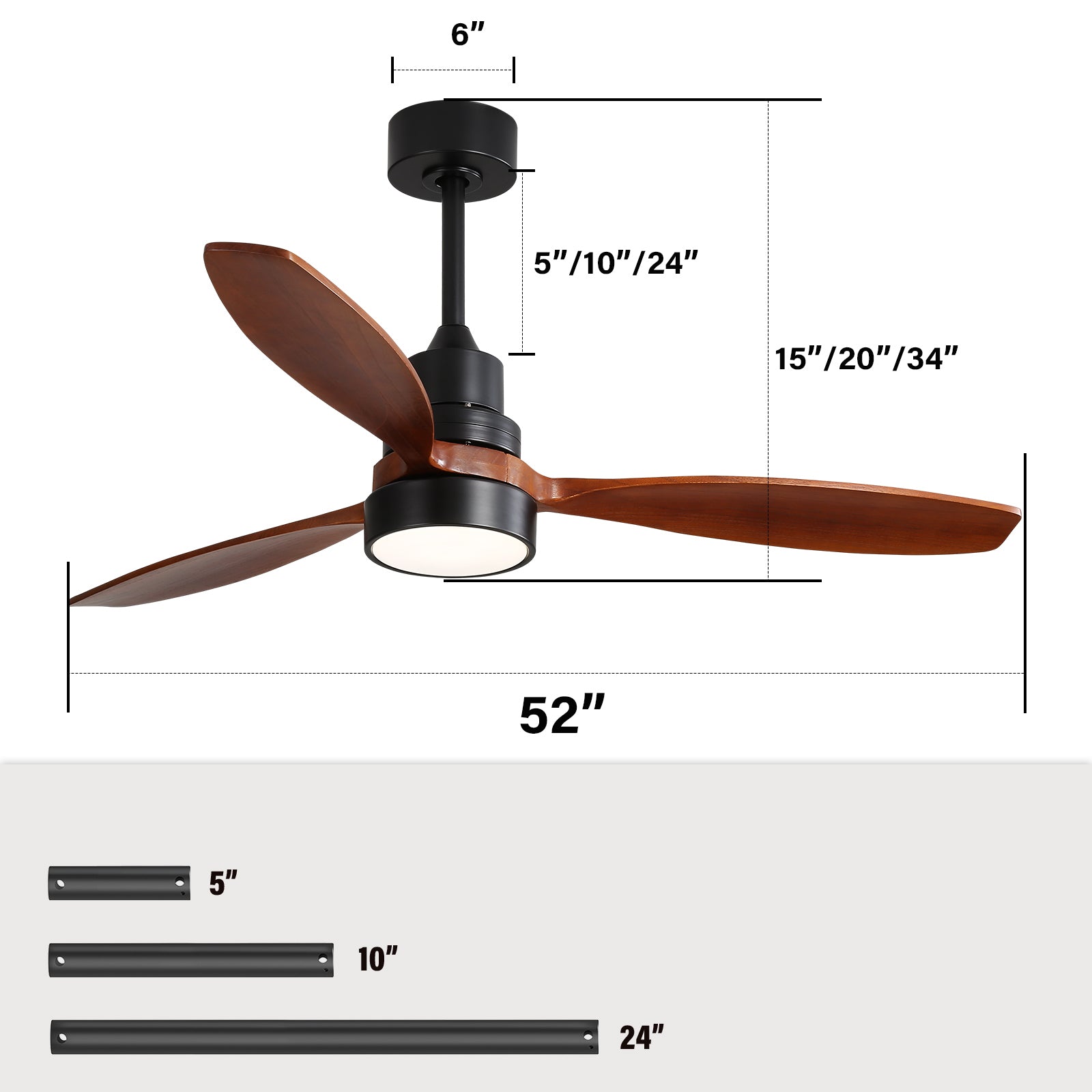 52 Inch Wooden Ceiling Fan With 3 Solid Wood Blades Remote Control