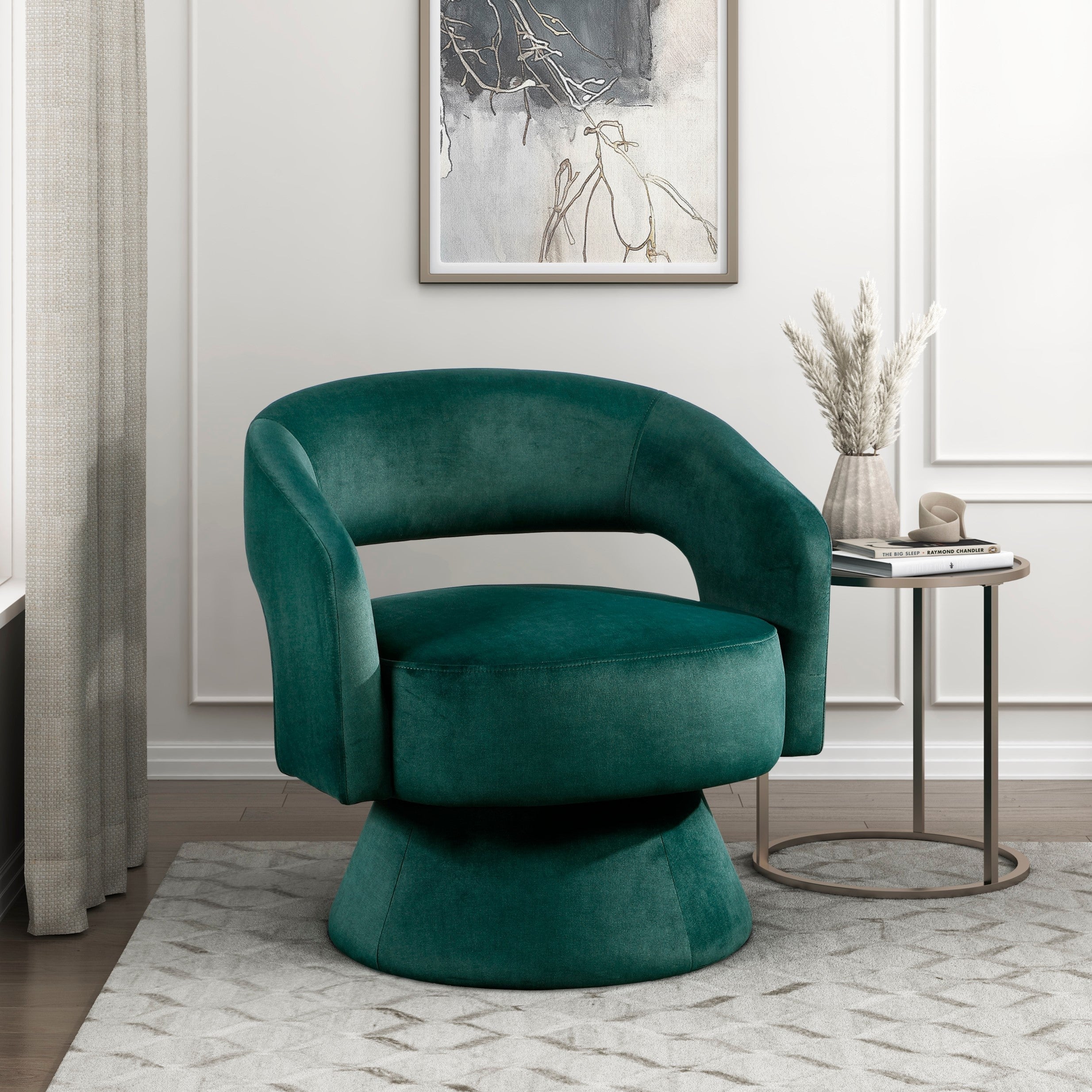 Green Velvet Upholstery Solid Wood Stylish Modern Luxury Swivel Accent Chair