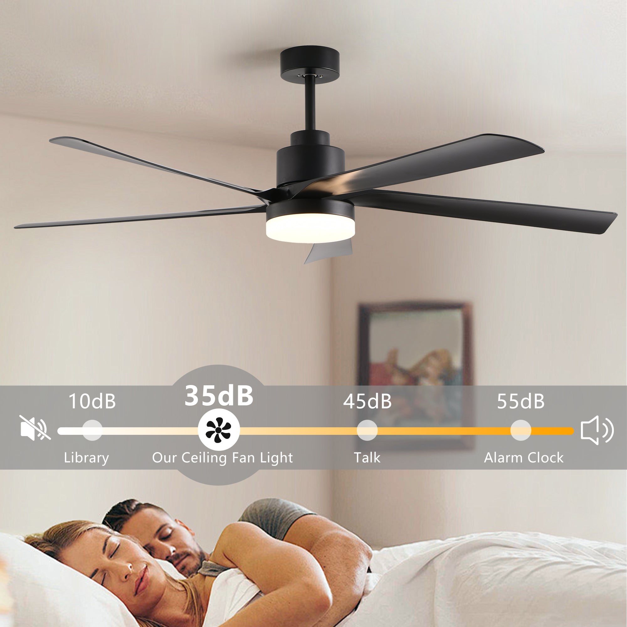 65 Inch Black Quiet Design Ceiling Fan with Light