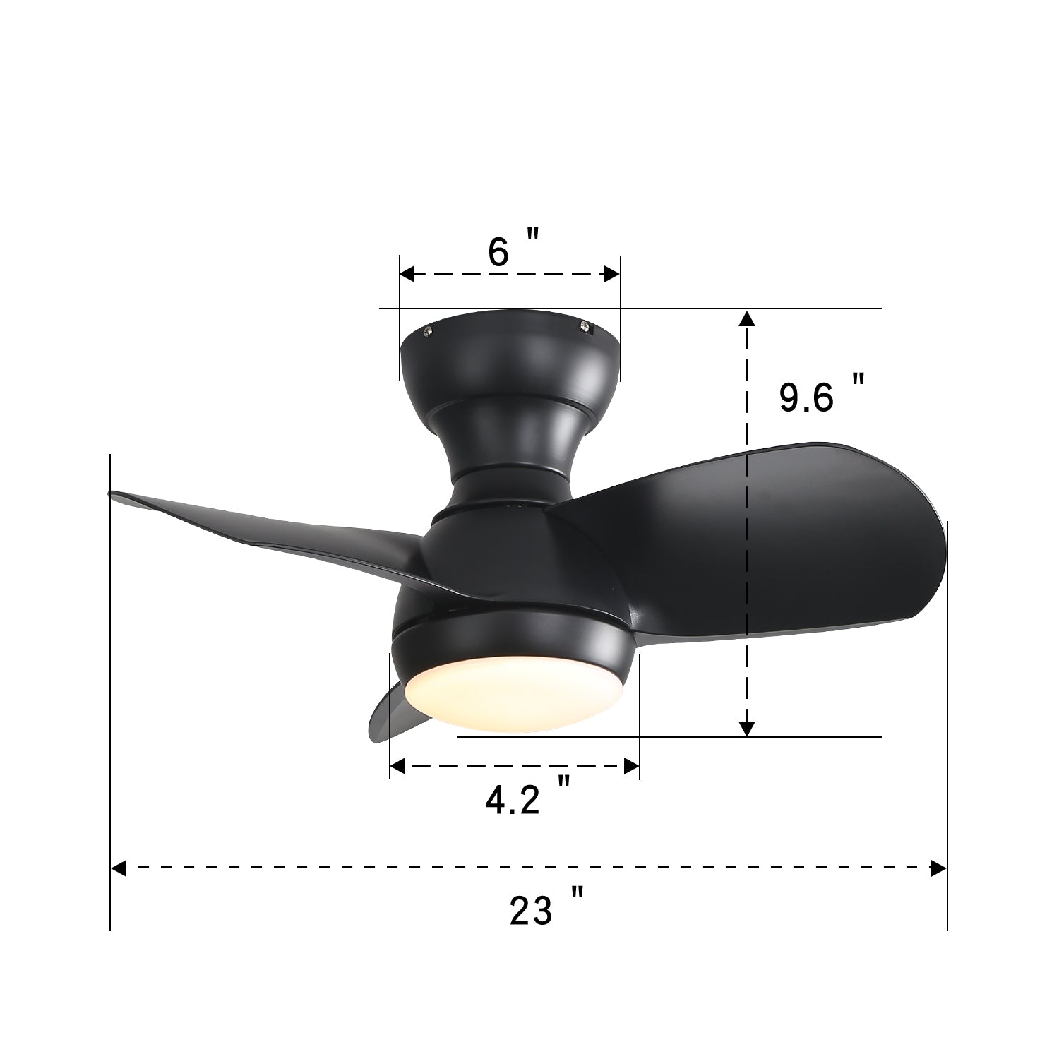 23" Black Indoor Ceiling Fan With 3 Color Remote Control DC Motor 18W