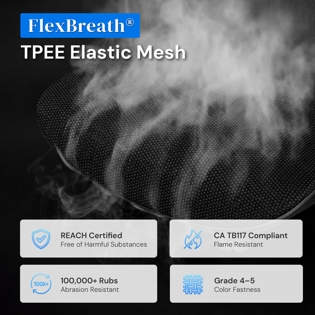 FlexBreath TPEE Elastic Mesh promotional graphic with a black mesh panel, white smoke effect, and four feature callouts: REACH Certified, CA TB117 Compliant, 100,000+ Rubs Abrasion Resistant, and Grade 4-5 Color Fastness.