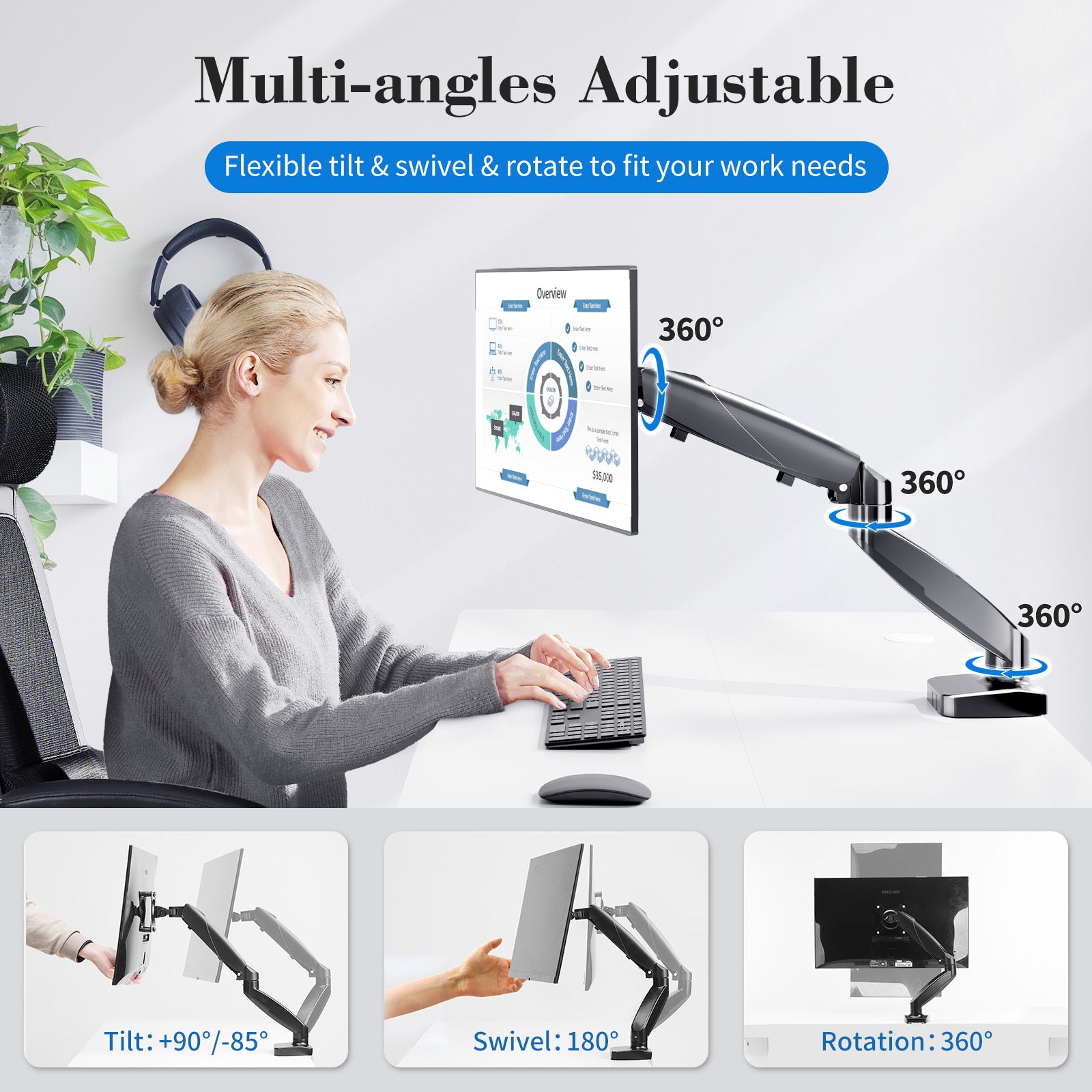 15-27 inch monitors arm with weight capacities up to 15.4 pounds