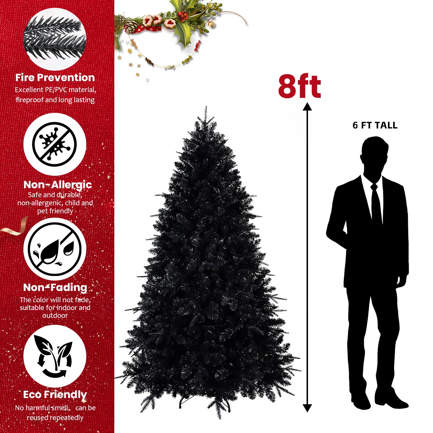 8ft Pre-Lit Black Christmas Tree