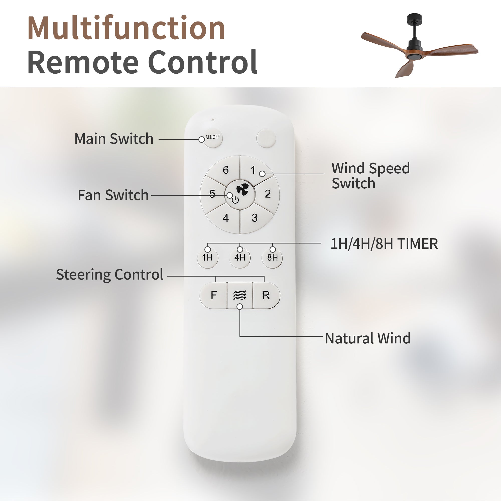 48 Inch Ceiling Fan Without Light - 6 Speed DC Motor with Solid Wood Blades for Indoor Outdoor Use