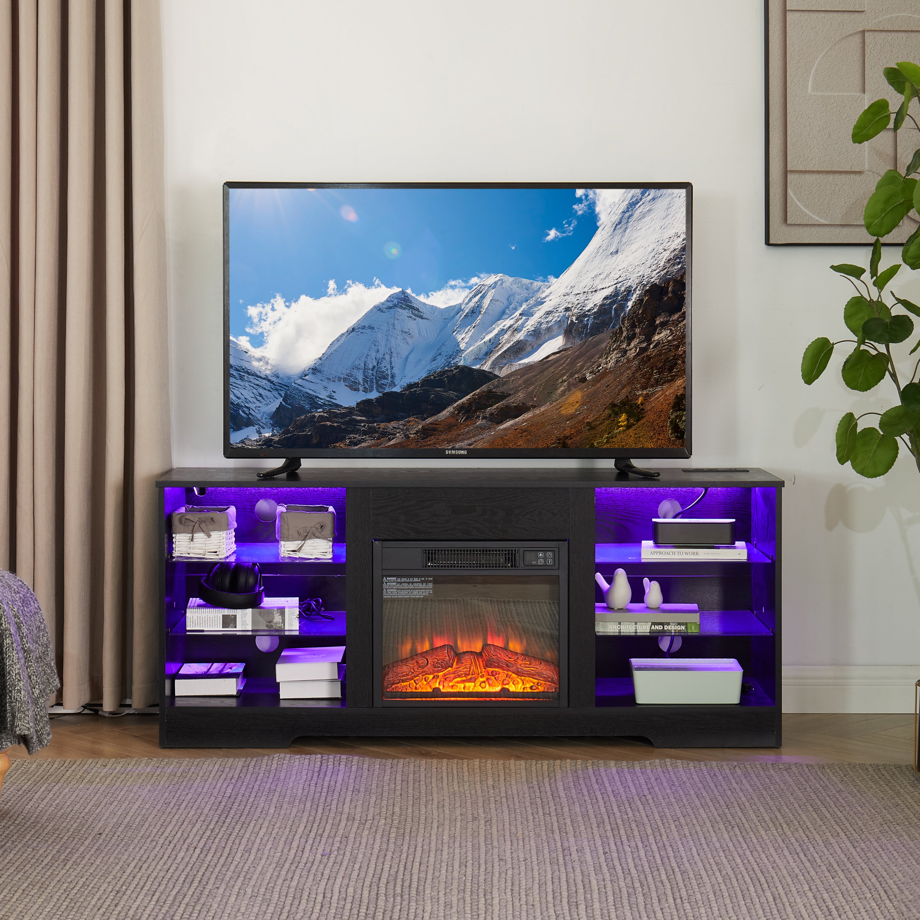 58 Inch Electric Fireplace TV Stand with LED Lights & USB Charging - Modern Black Entertainment Center for 32-62 Inch TVs
