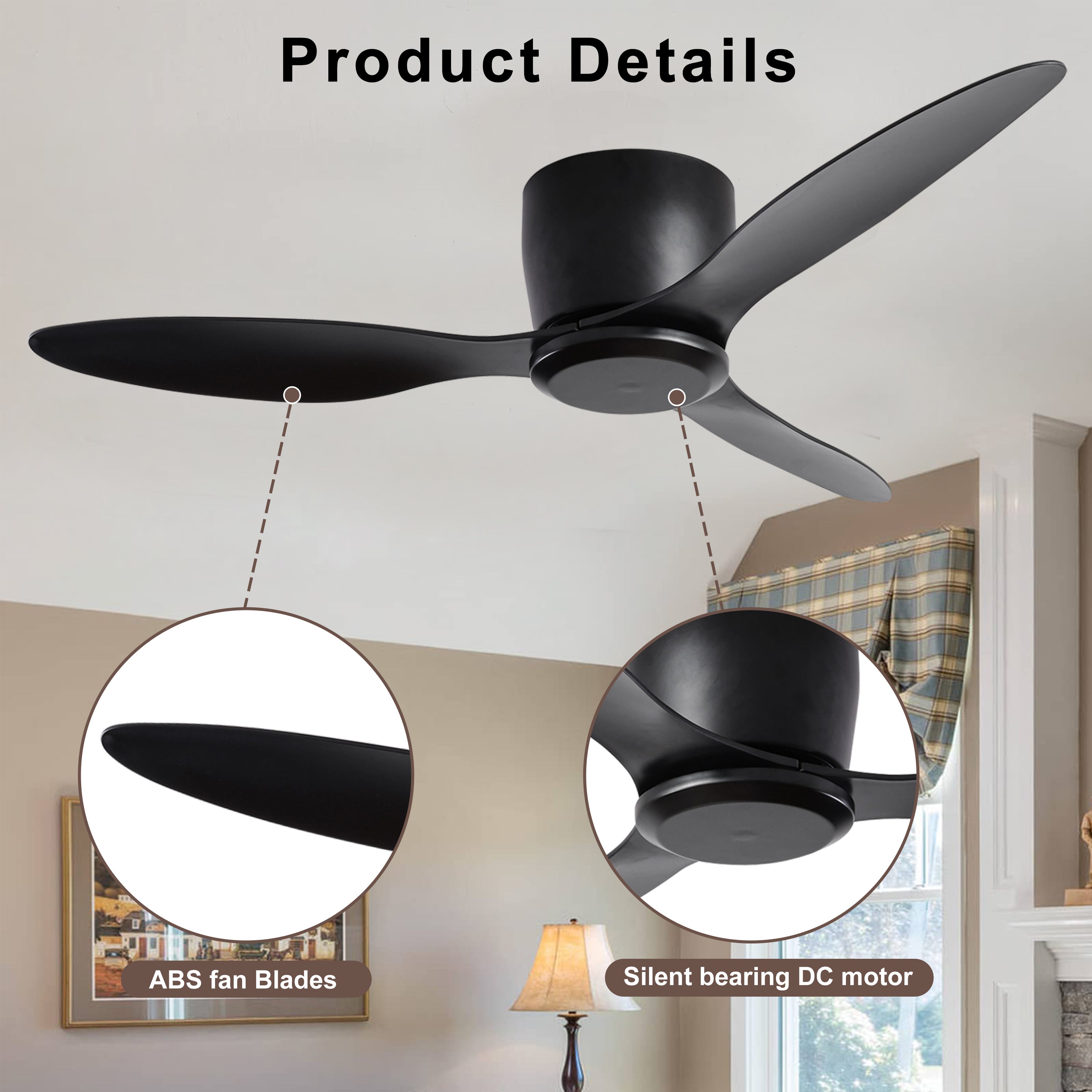 52" Flush Mount Low Profile Ceiling Fan without light, 3 Reversible Blades, 6 Speeds Reversible DC Motor