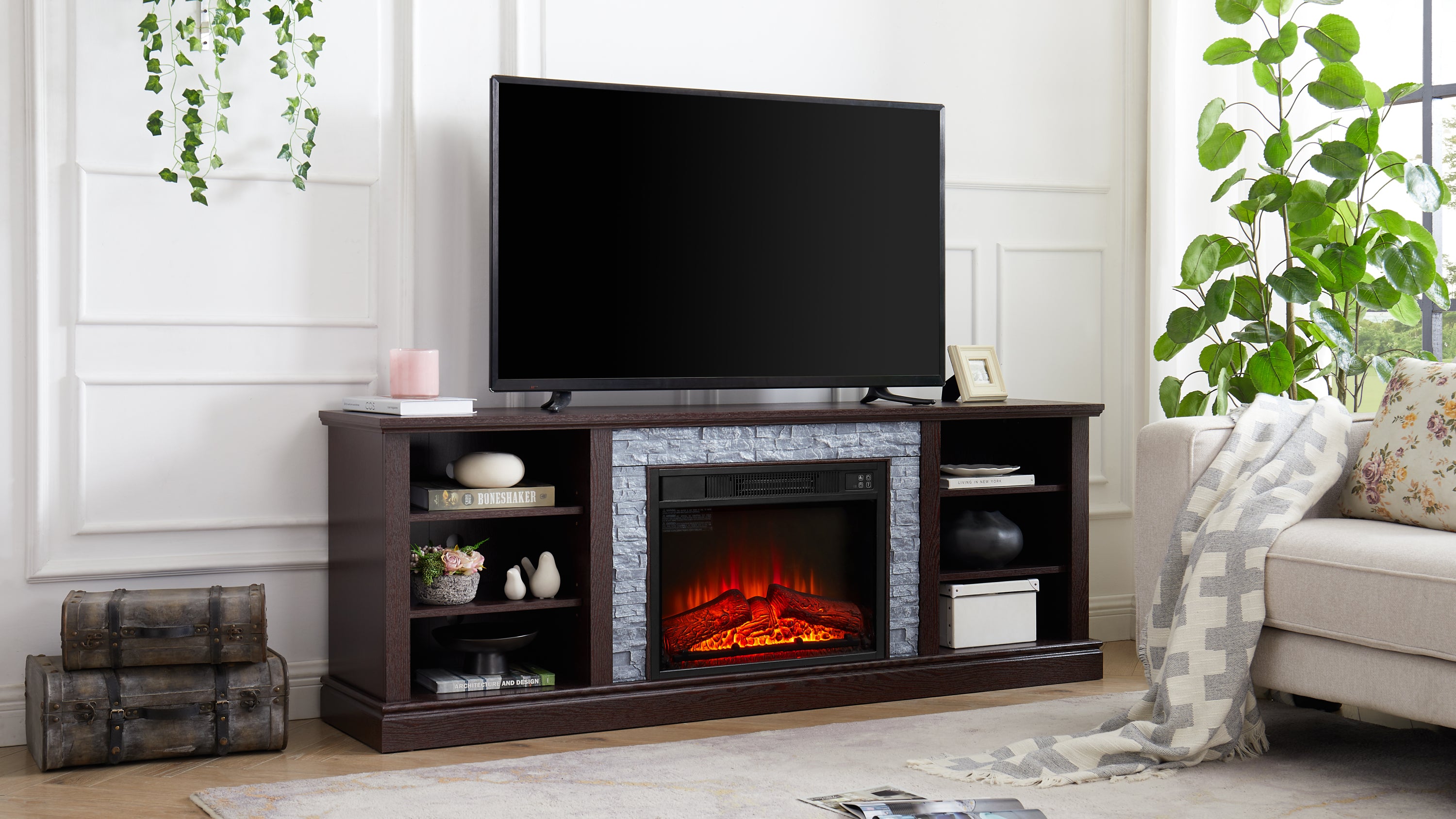 75" Large TV Media Stand with 23" Fireplace Insert