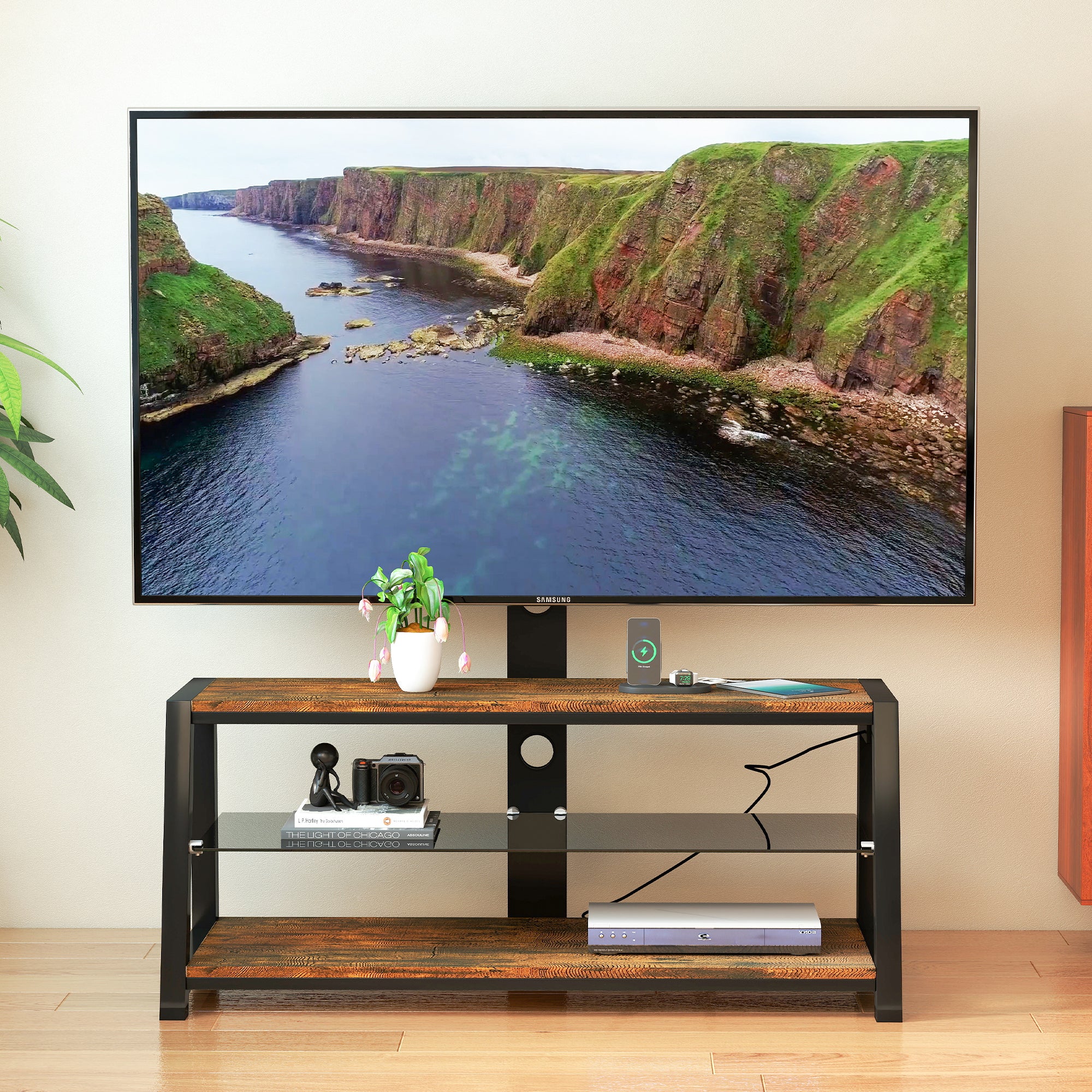 Modern Acacia Wood & Tempered Glass TV Stand with Swivel Base – Heavy-Duty Media Console with Charging Station