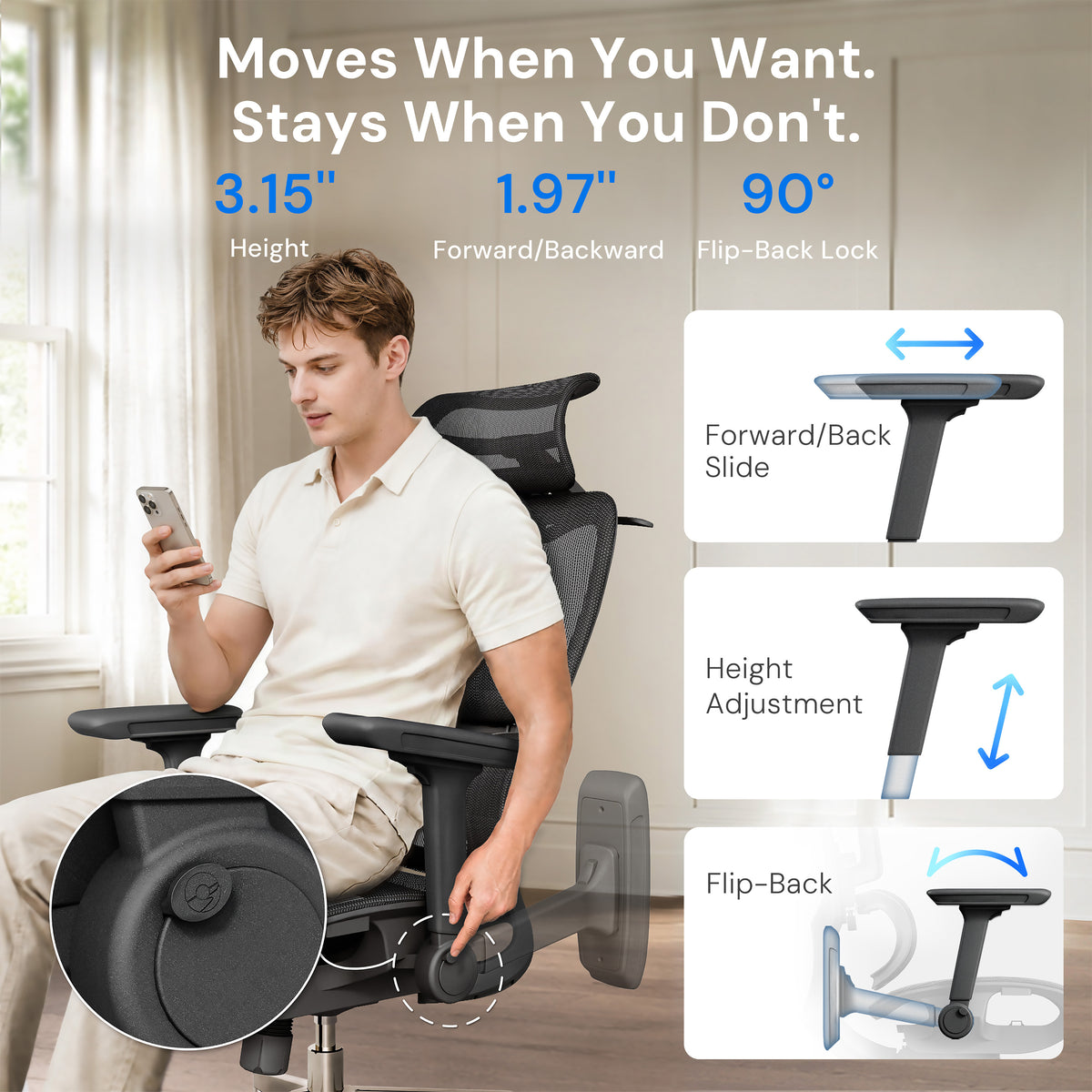 A man sits in a black ergonomic office chair in a bright room, using a smartphone. The image includes feature callouts and diagrams showing the chair's 3.