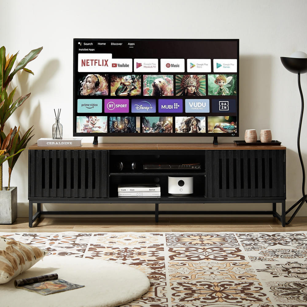 63 Zoll Mid-Century Modern TV-Ständer mit Lamellengitter-Streifentüren, TV-Ständer mit Stauraum, Entertainment-Center für Wohnzimmer und Schlafzimmer, TV-Medienkonsole