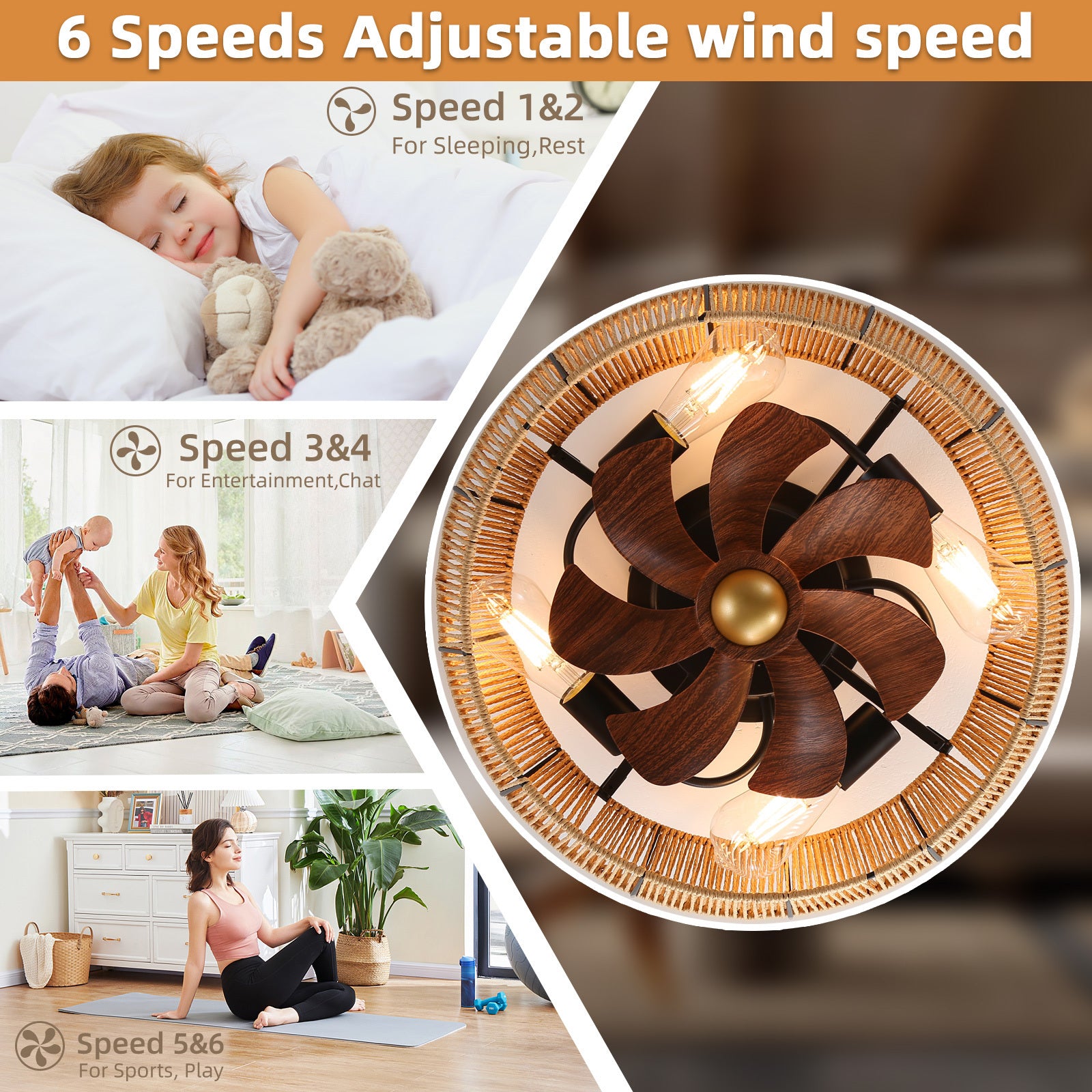 6 Speeds Paper Rope Caged Ceiling Fans with Lights Remote Control 10-12㎡