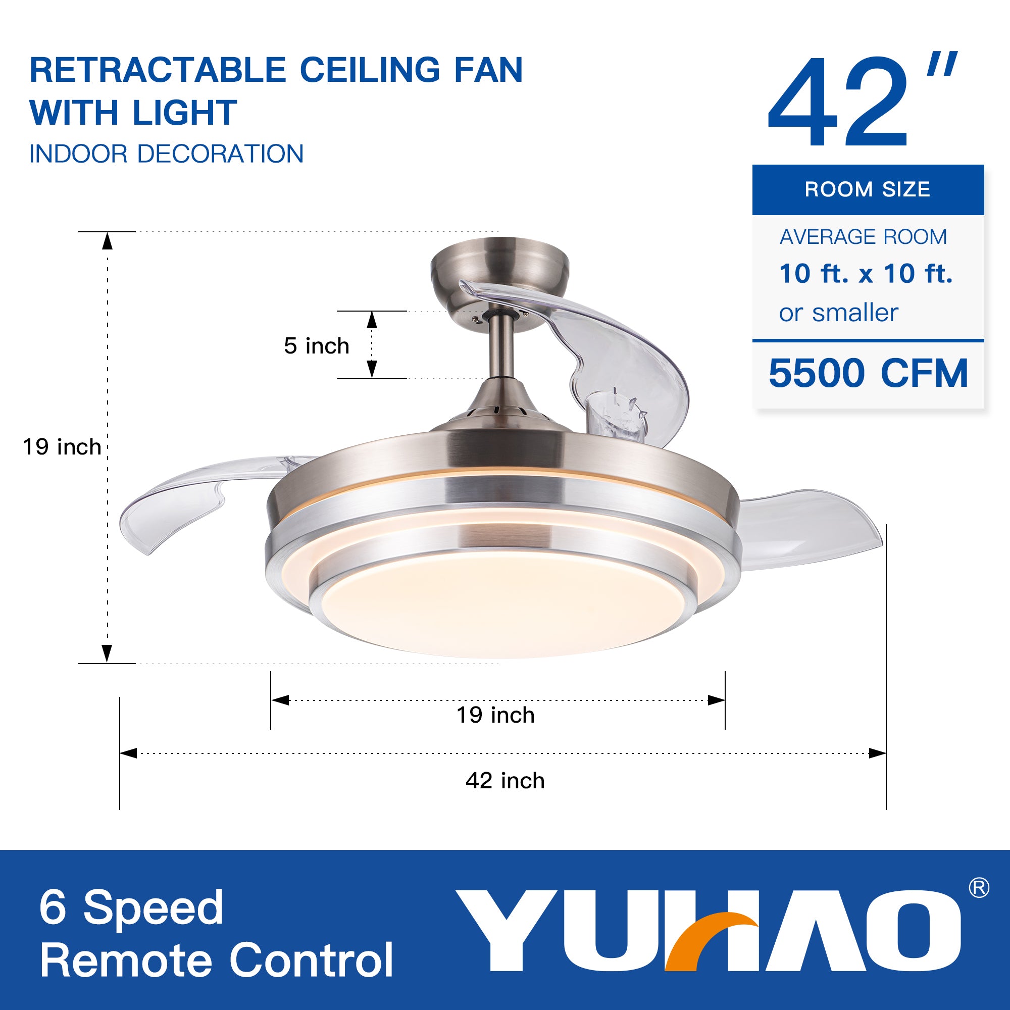 Ventilador de techo retráctil de 42 pulgadas con control remoto y luz LED