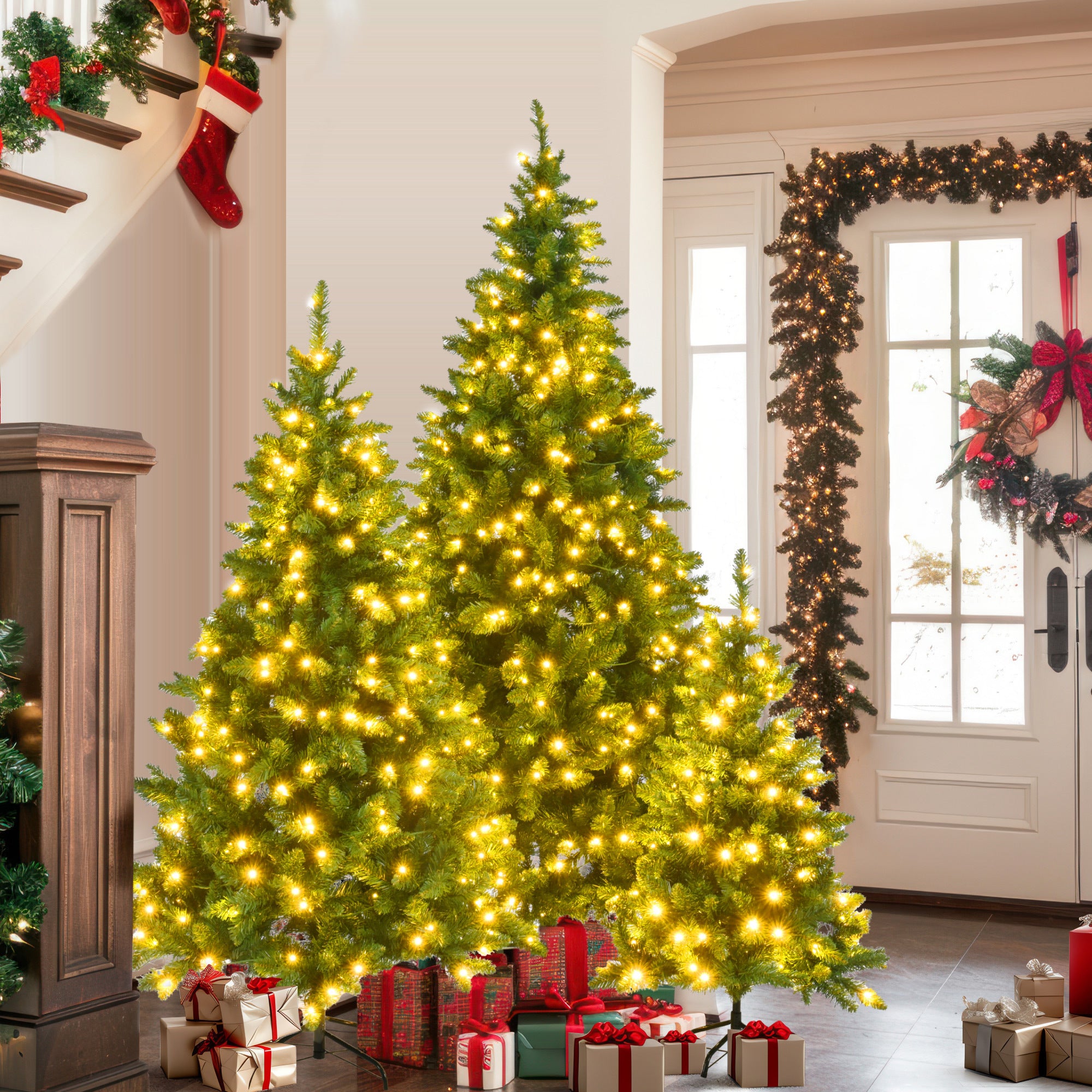 8FT, 6FT, 4FT Pre-Lit Green Pine Artificial Christmas Trees