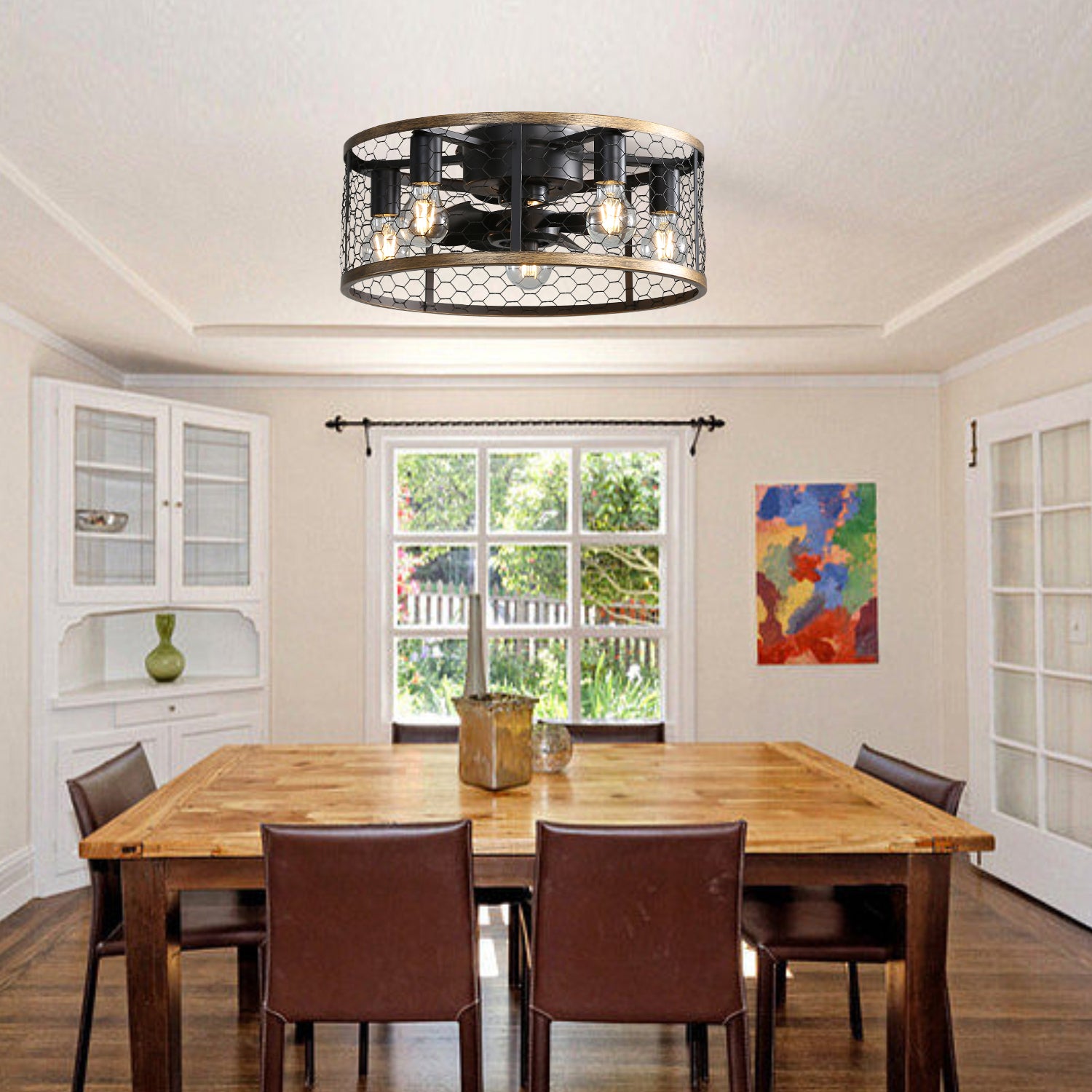 20 Inch Caged Ceiling Fan with Light and Remote - Low Profile Farmhouse Industrial Fan