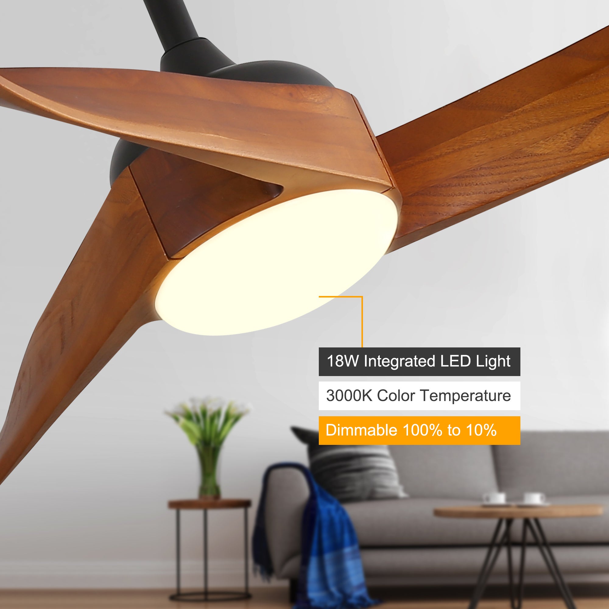 52 Inch Ceiling Fan With Dimmable 3 Color Led Light Reversible DC Motor For 150-320 sq.ft