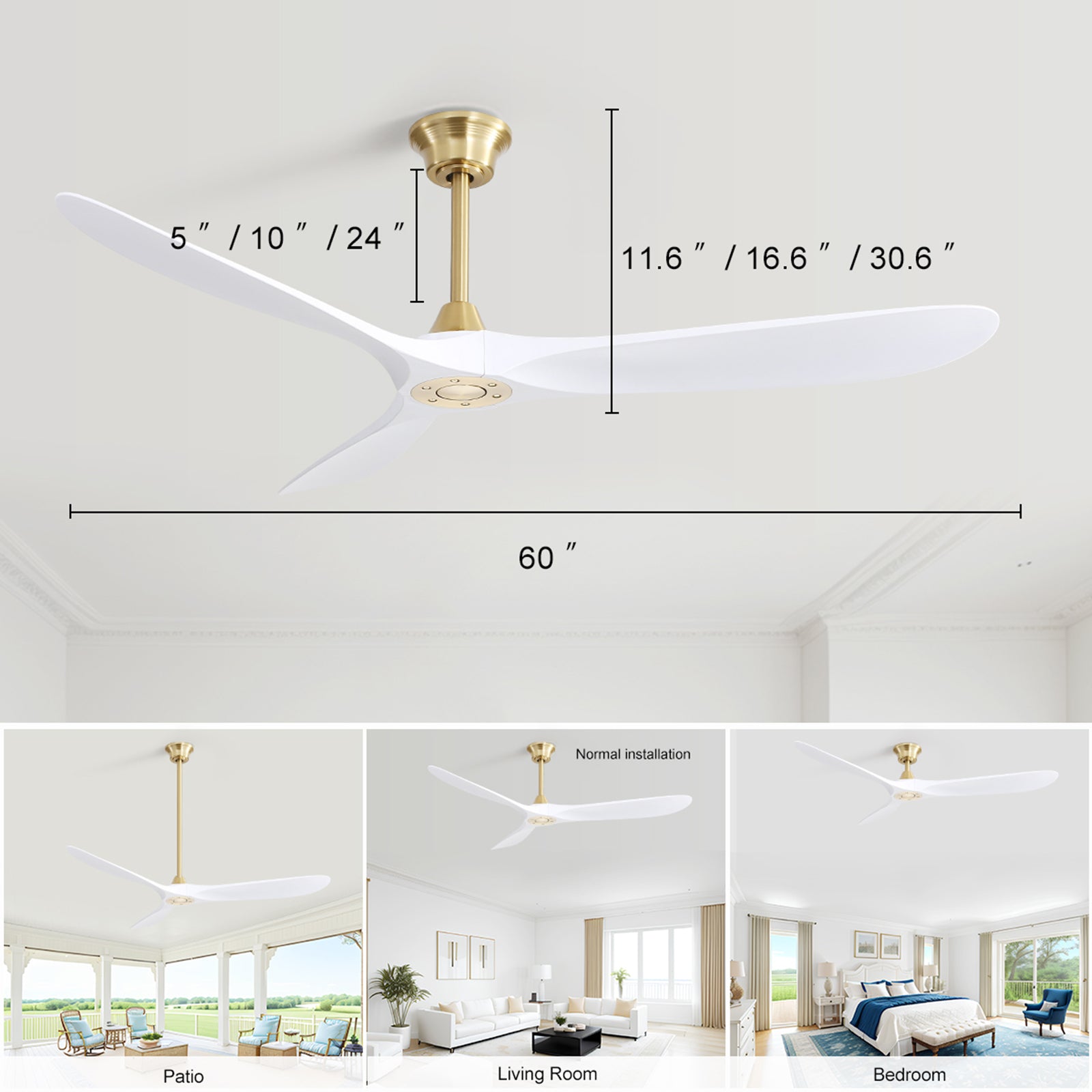 60 Inch Modern ABS Ceiling Fan With 6 Speed Smart Remote Control Reversible DC