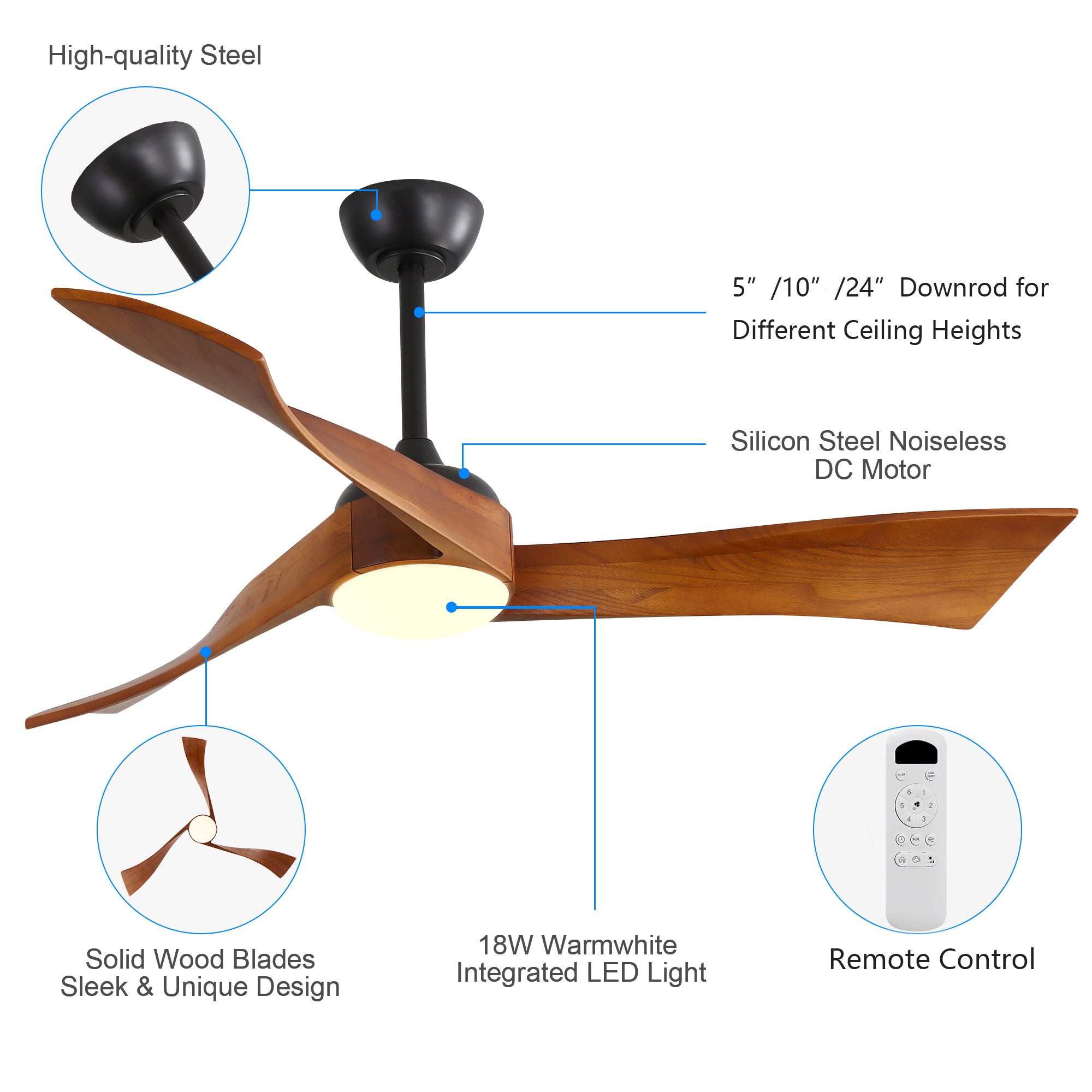 52 Inch Ceiling Fan With Dimmable 3 Color Led Light Reversible DC Motor For 150-320 sq.ft