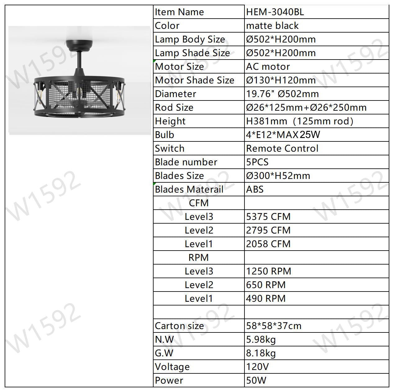 20" Industrial 5-Blade  Ceiling Fan with Remote Control For 15-25M²