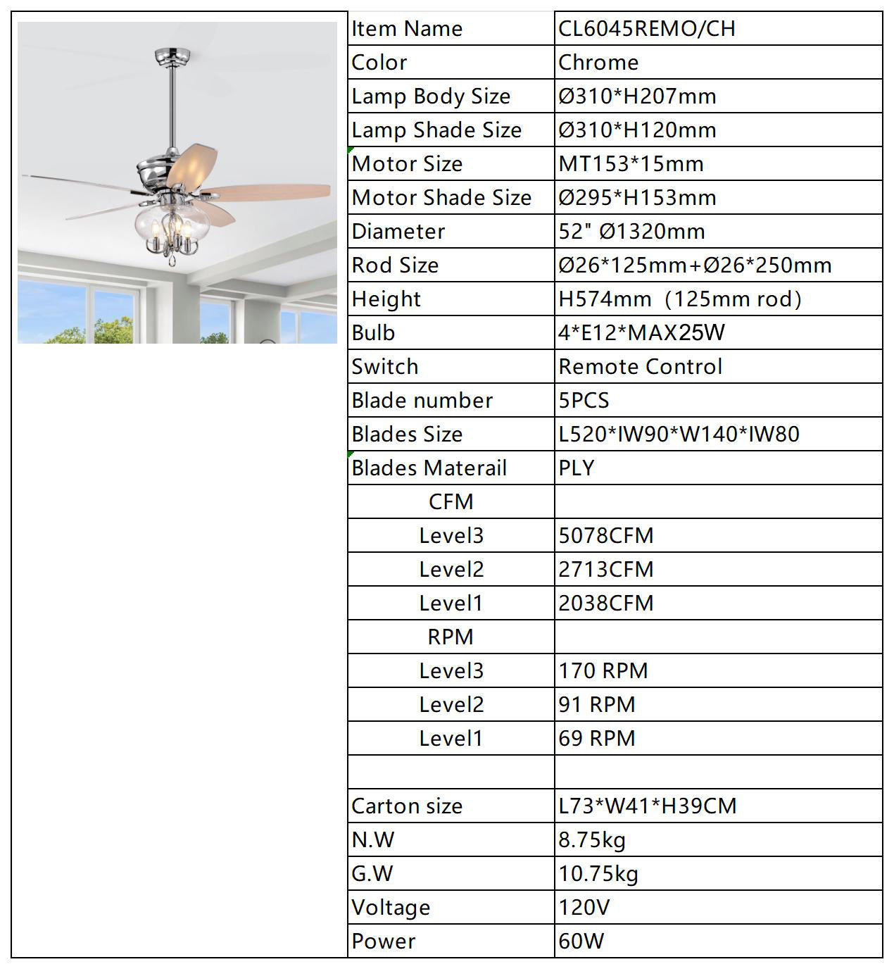 52" Crystal  Chandelier Fan with Remote