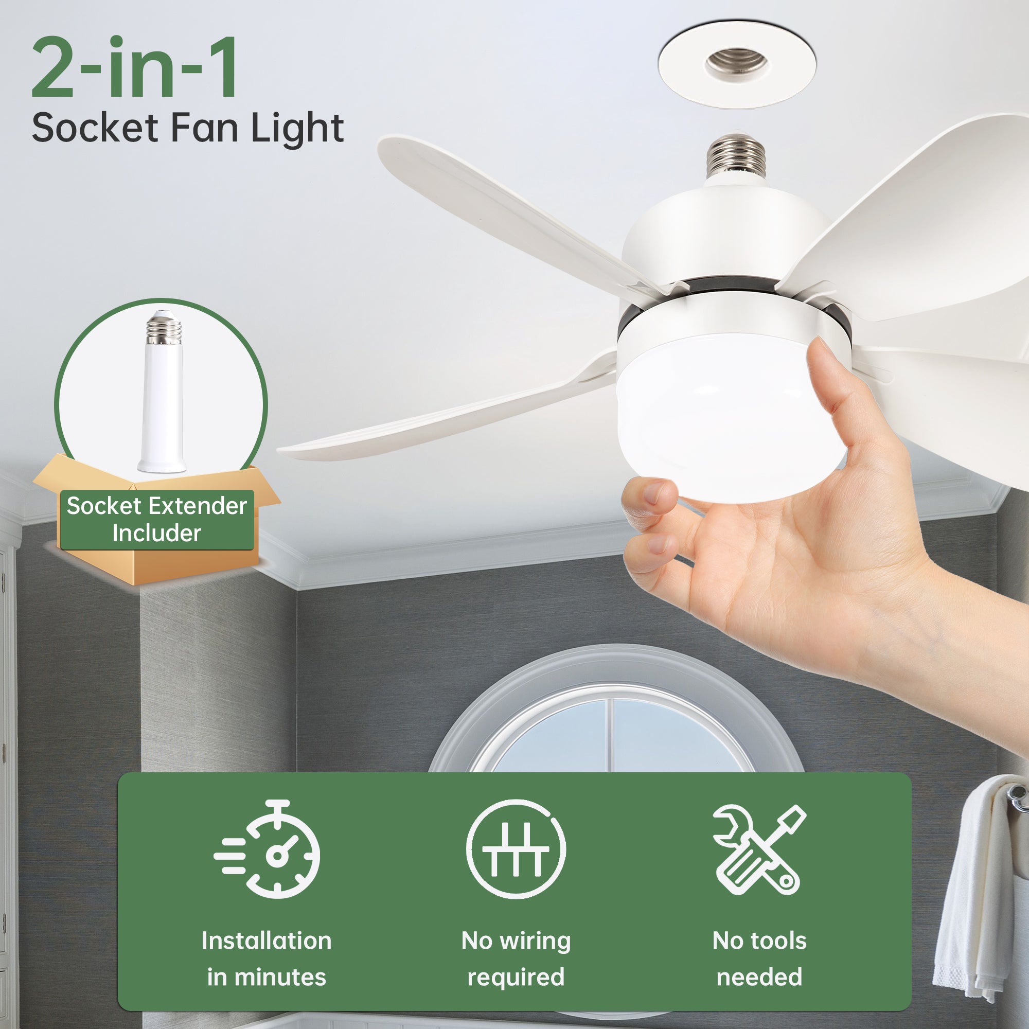 16 Inch White Socket Light Ceiling Fan DC Motor Noiseless 3 Speed