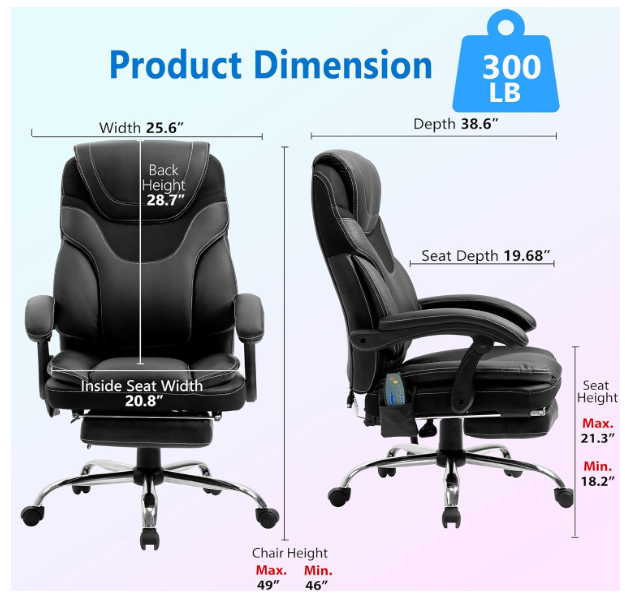 Ergonomic Massage Reclining Office Chair with Footrest, 300 lbs