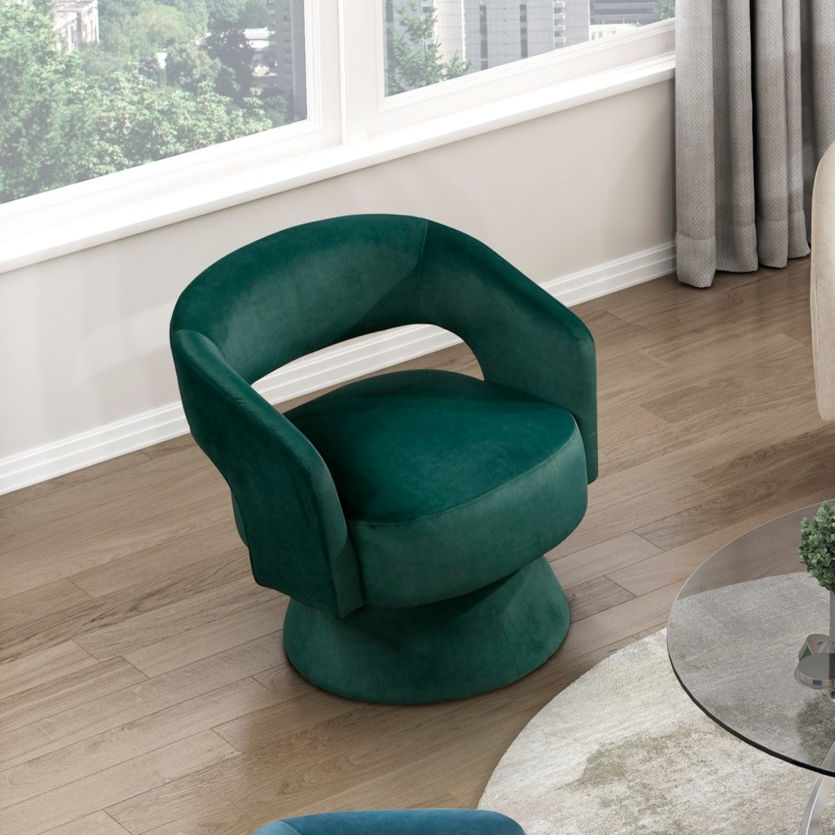 Green Velvet Upholstery Solid Wood Stylish Modern Luxury Swivel Accent Chair