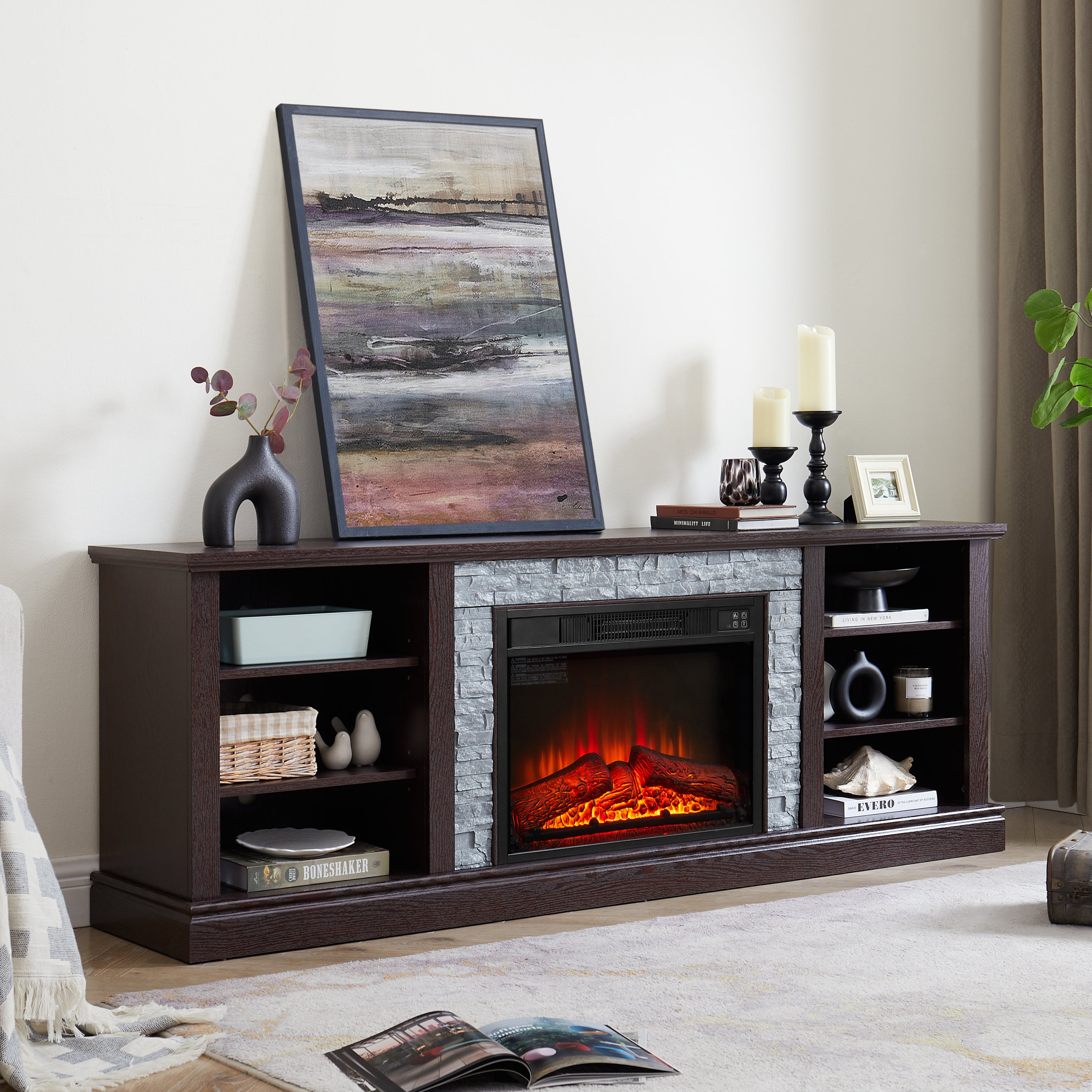 75" Large TV Media Stand with 23" Fireplace Insert