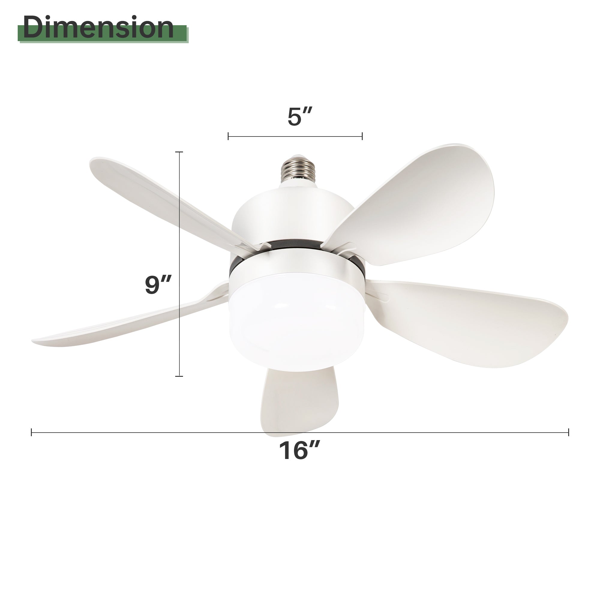 16 Inch White Socket Light Ceiling Fan DC Motor Noiseless 3 Speed