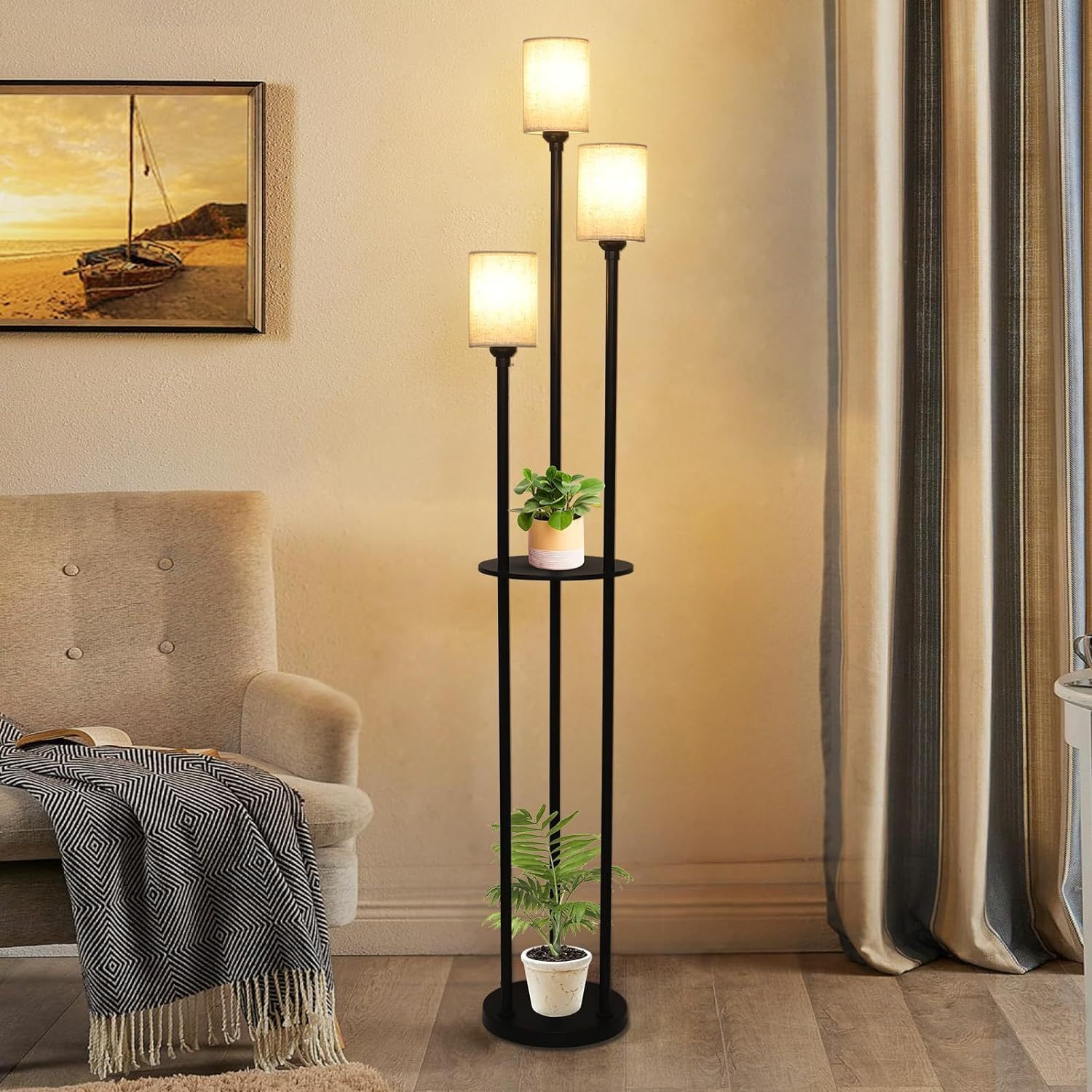 3-Lights 67inch Floor Lamp with Linen Shade and Foot Switch