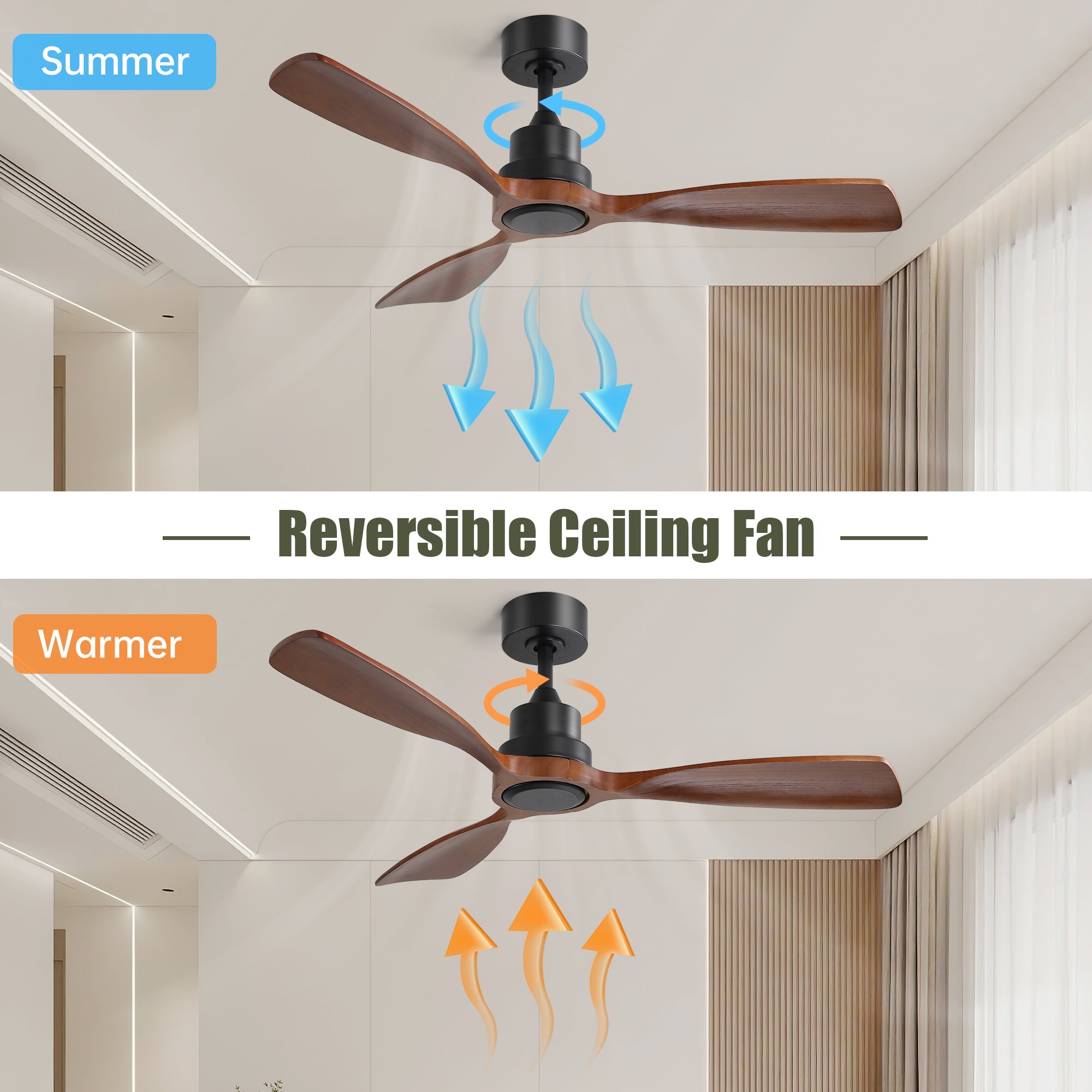 48 Inch Ceiling Fan Without Light - 6 Speed DC Motor with Solid Wood Blades for Indoor Outdoor Use