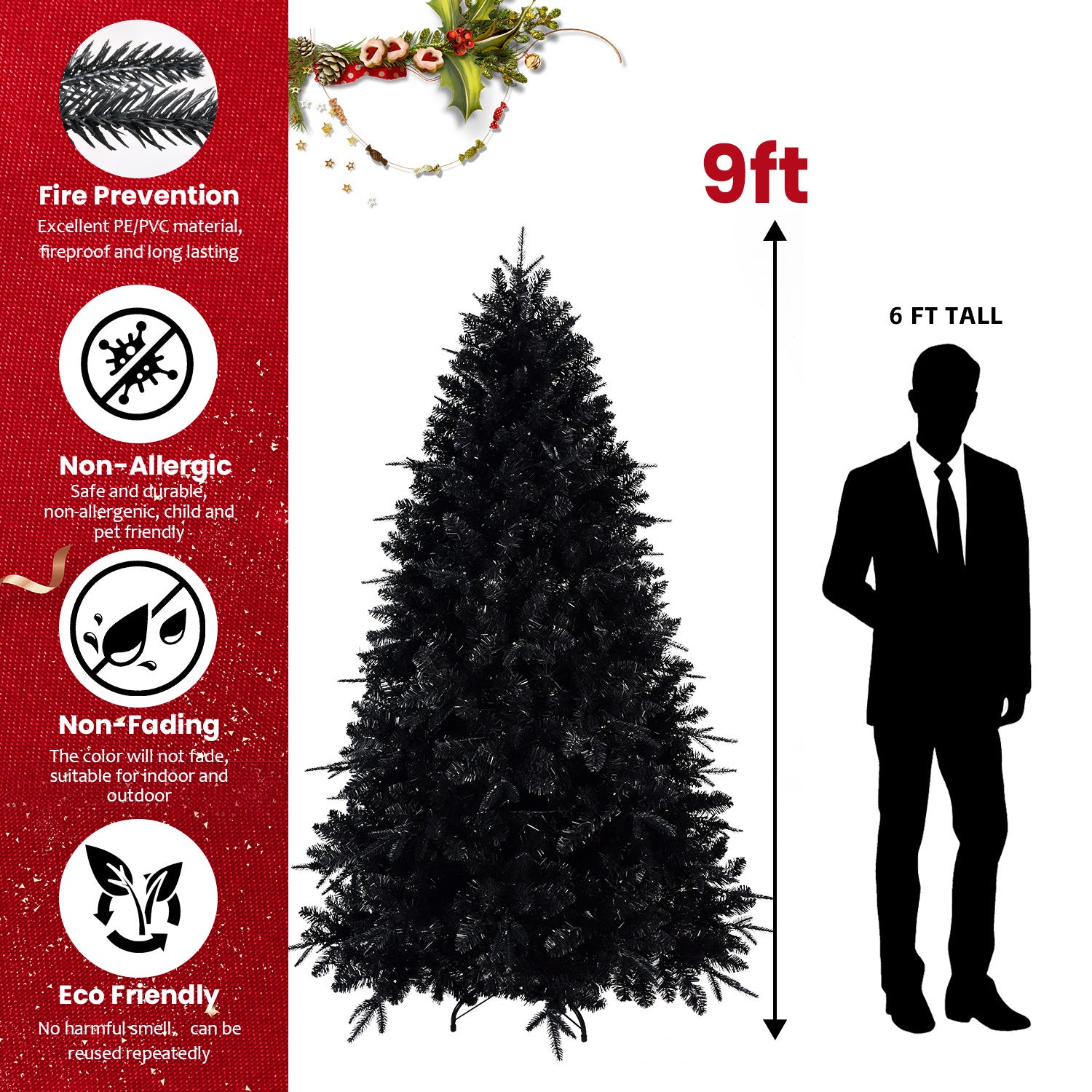 8ft Pre-Lit Black Christmas Tree