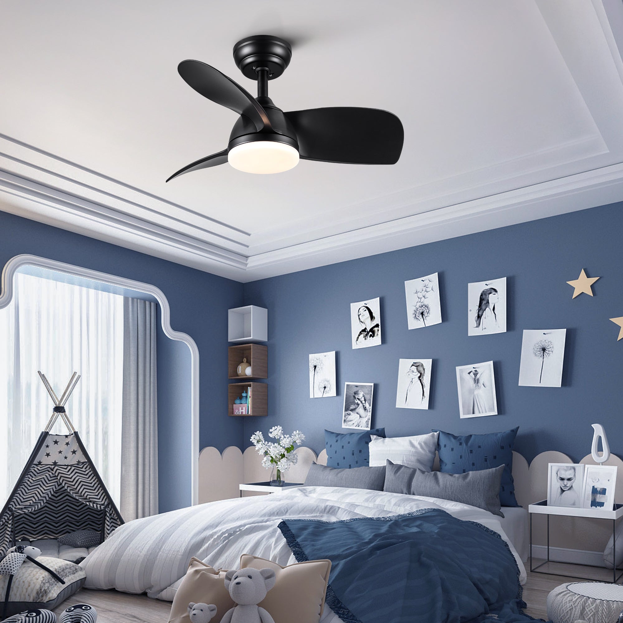 28" Black Ceiling Fan Integrated LED Light & Remote - DC Motor