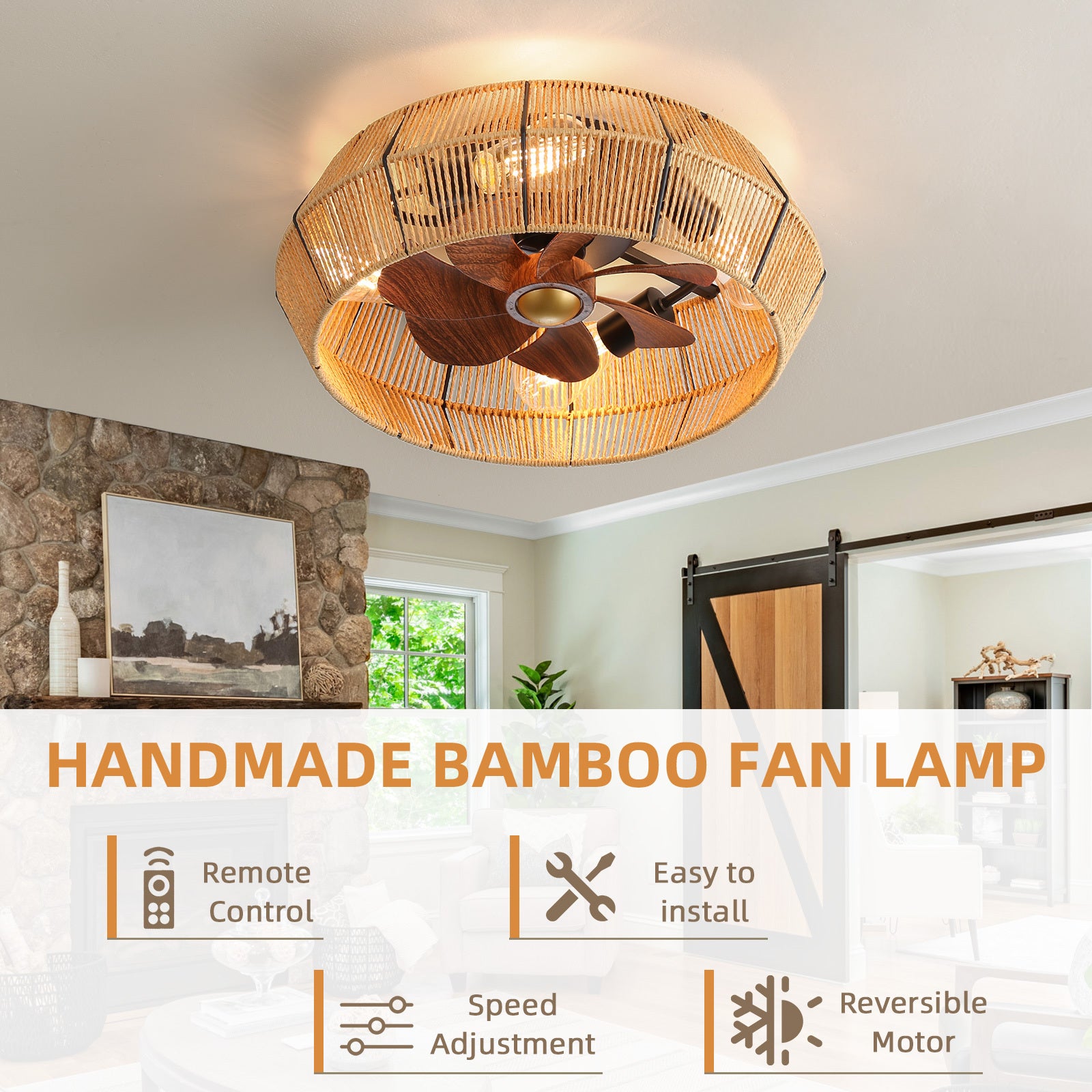 6 Speeds Paper Rope Caged Ceiling Fans with Lights Remote Control 10-12㎡