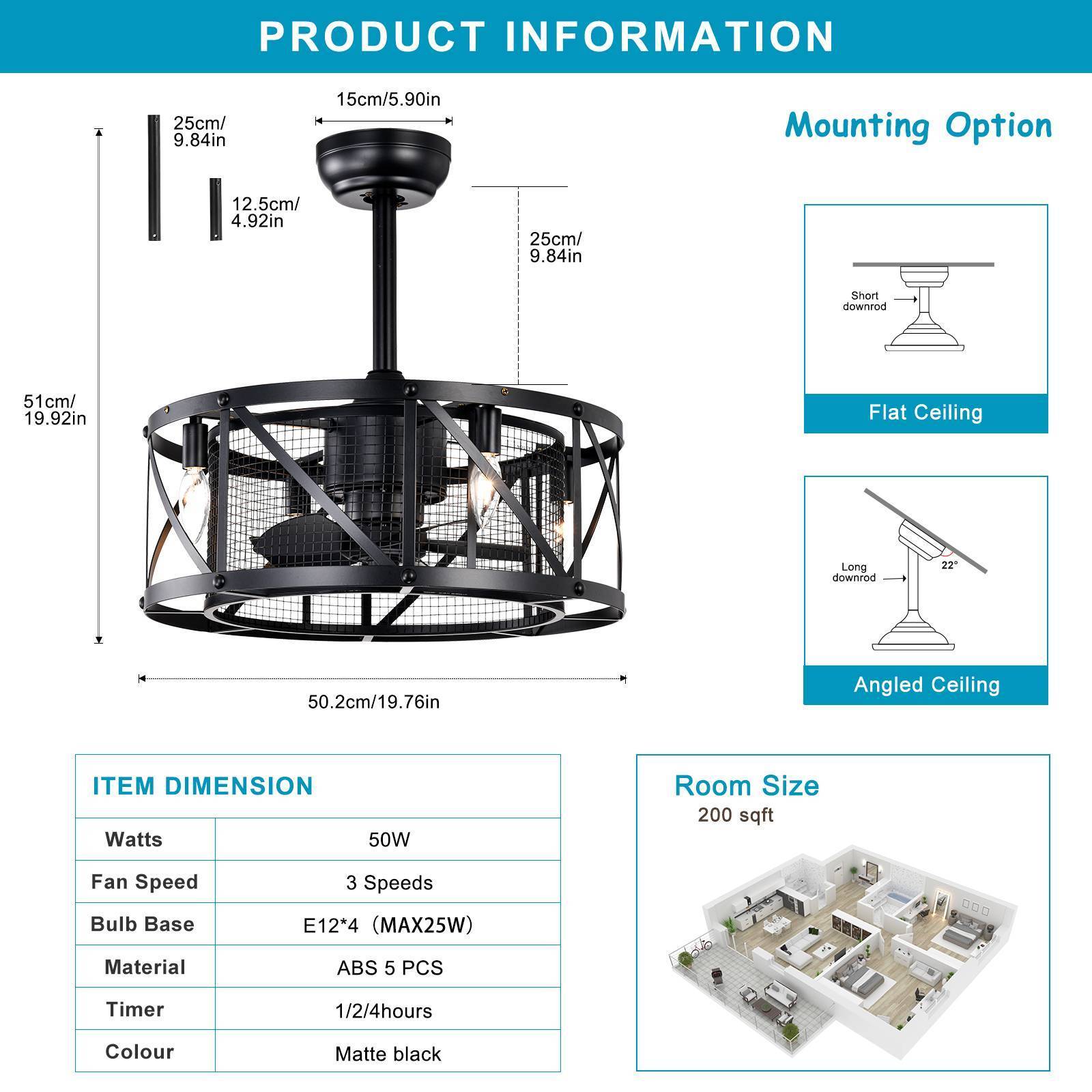 20" Industrial 5-Blade  Ceiling Fan with Remote Control For 15-25M²