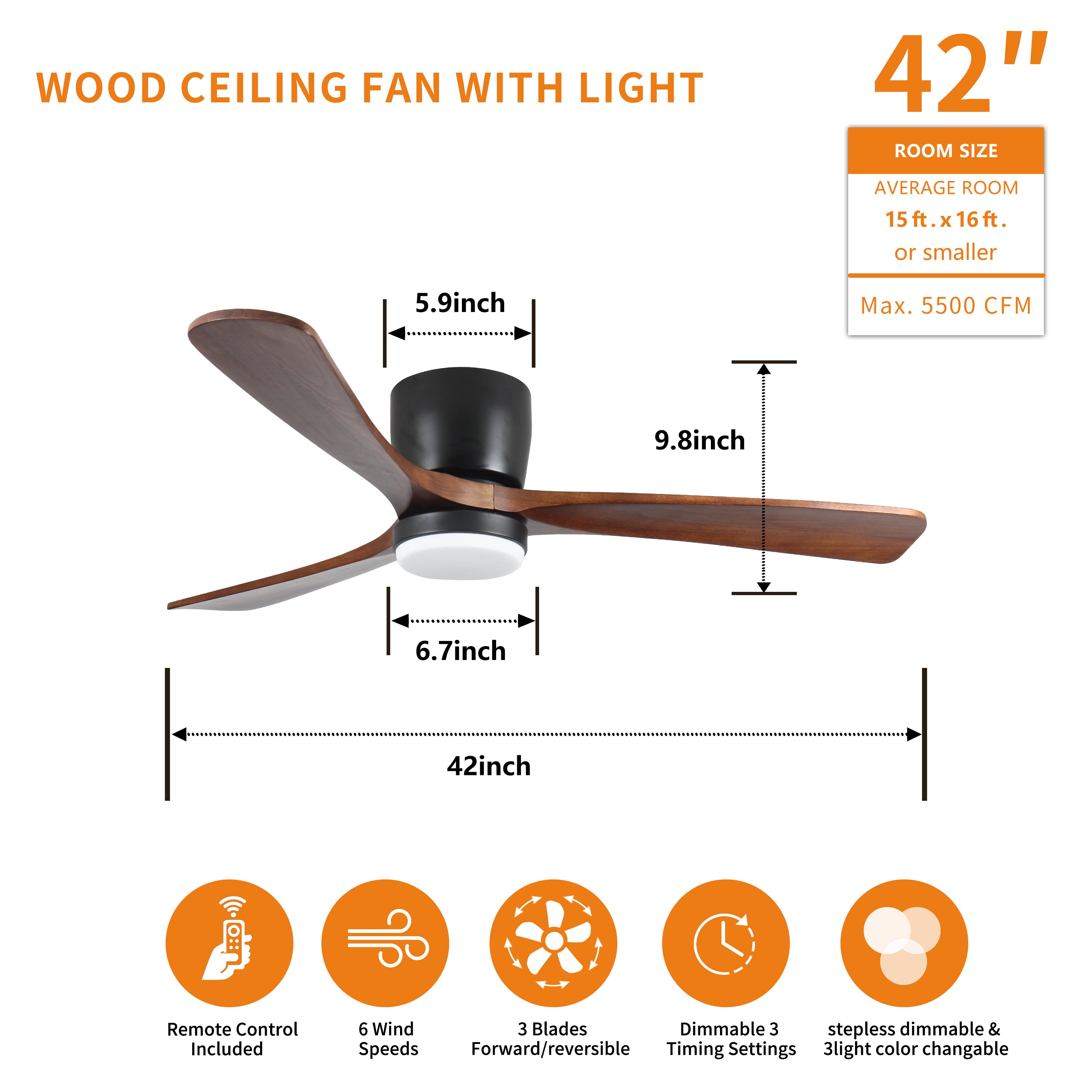 42 inch Black Wood Ceiling Fans with Lights, Remote control, 6 Speed