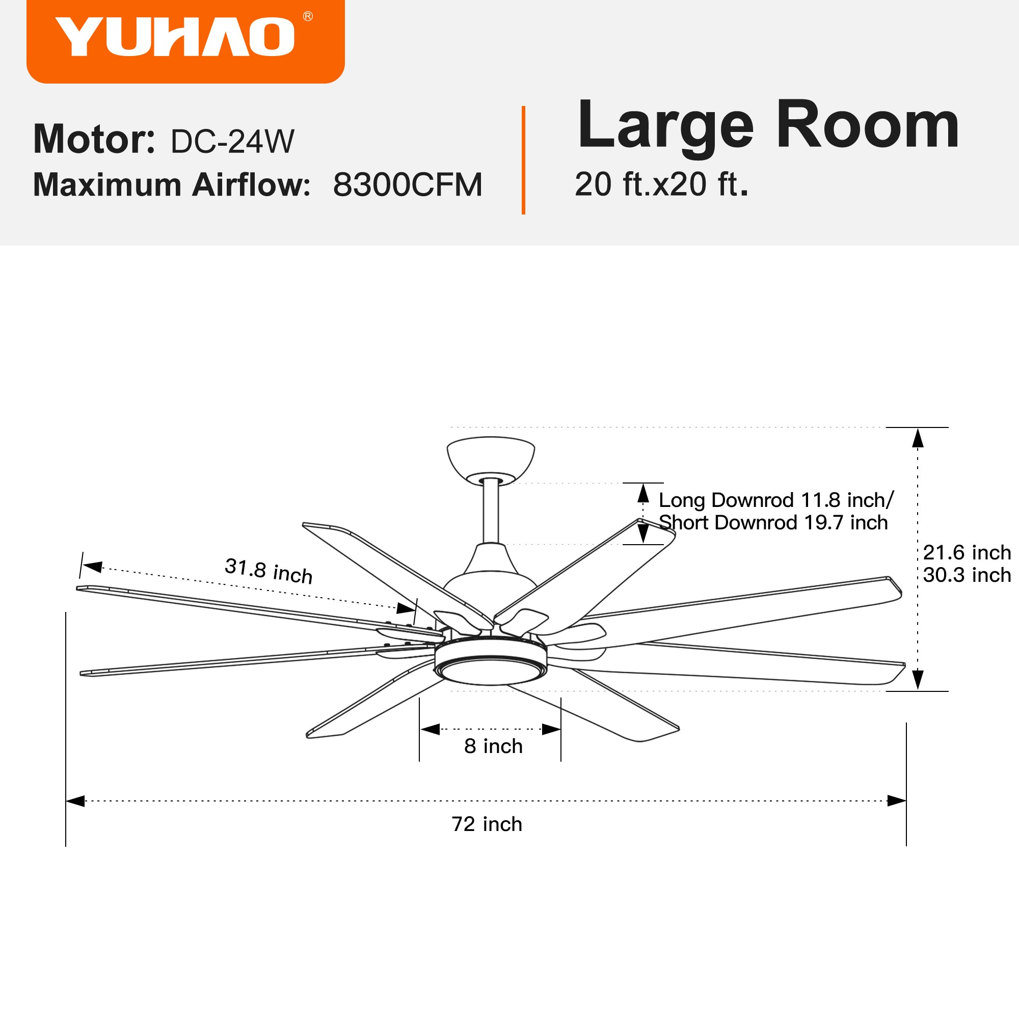 72 In Modern 8 Blades 24W  Ceiling Fan Lighting with Remote Control