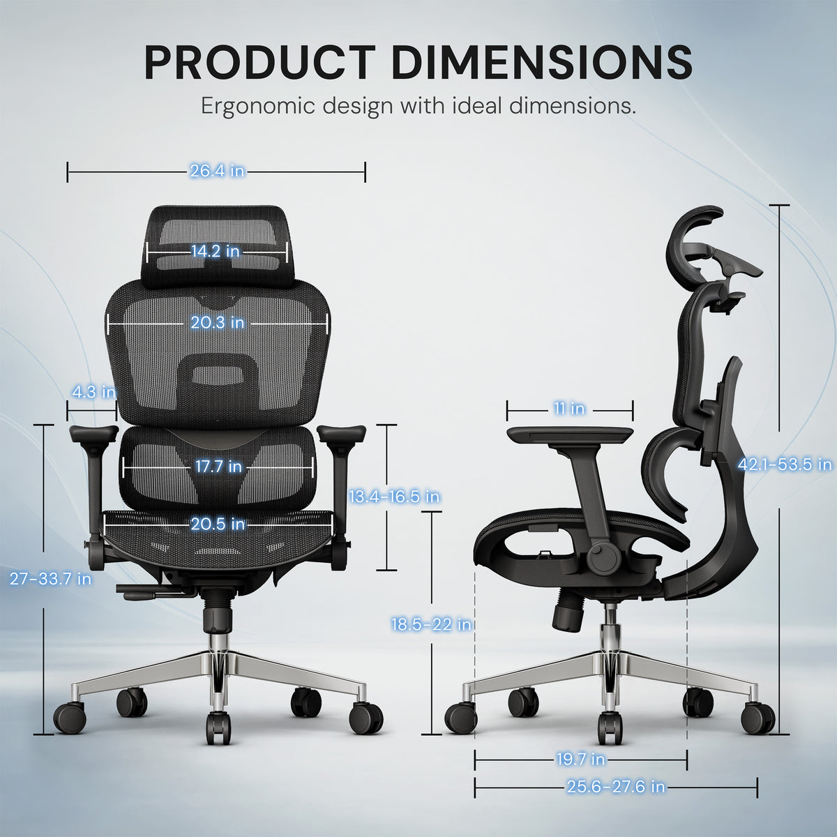 Product dimensions diagram showing two views of a black ergonomic office chair with overlaid measurement labels and blue dimension lines on a light gray background.