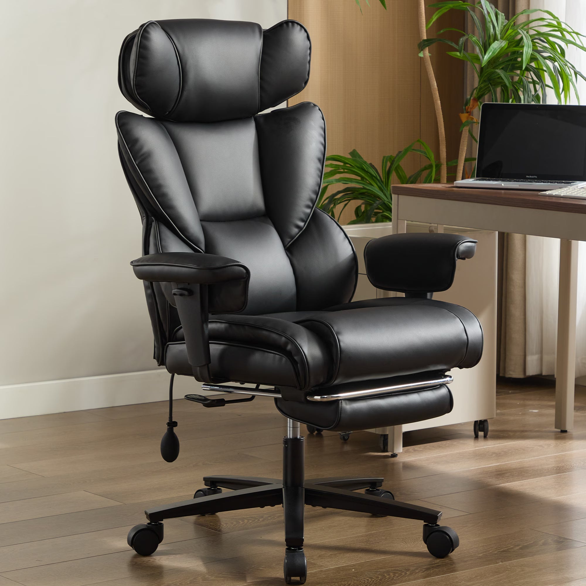 Reclining Office Chair with Footrest - Ergonomic Executive Chair with Inflatable Lumbar Support, 300lbs Capacity