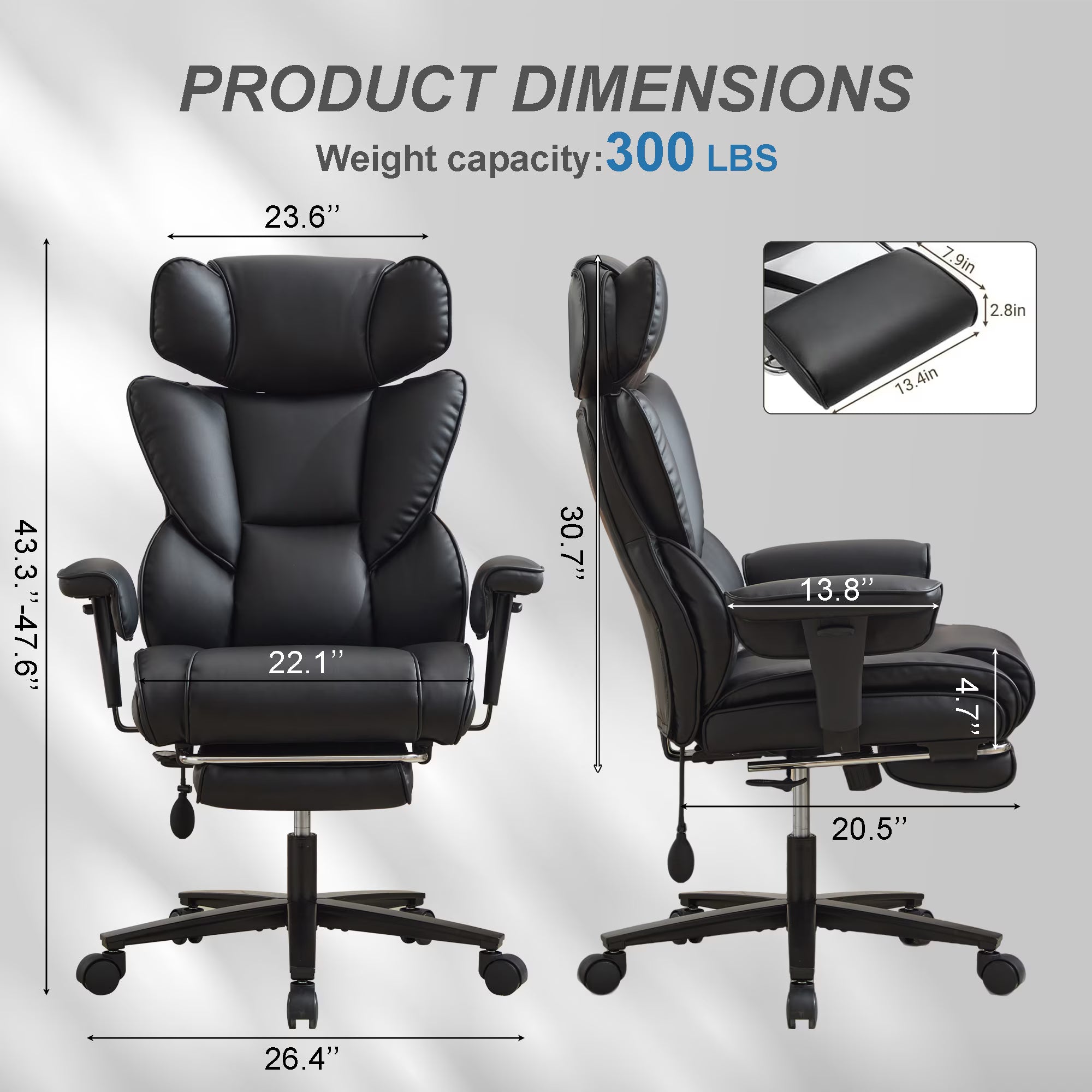 Reclining Office Chair with Footrest - Ergonomic Executive Chair with Inflatable Lumbar Support, 300lbs Capacity