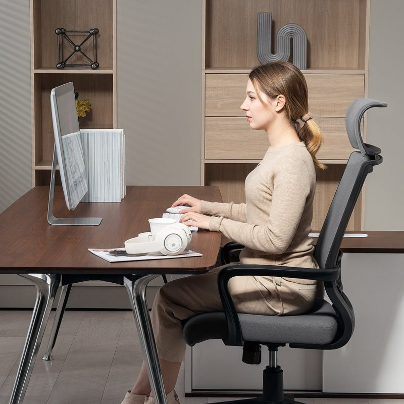 Ergonomischer Bürostuhl mit Kopfstütze - Höhenverstellbarer Schreibtischstuhl Kunstwolle Dunkelgrau