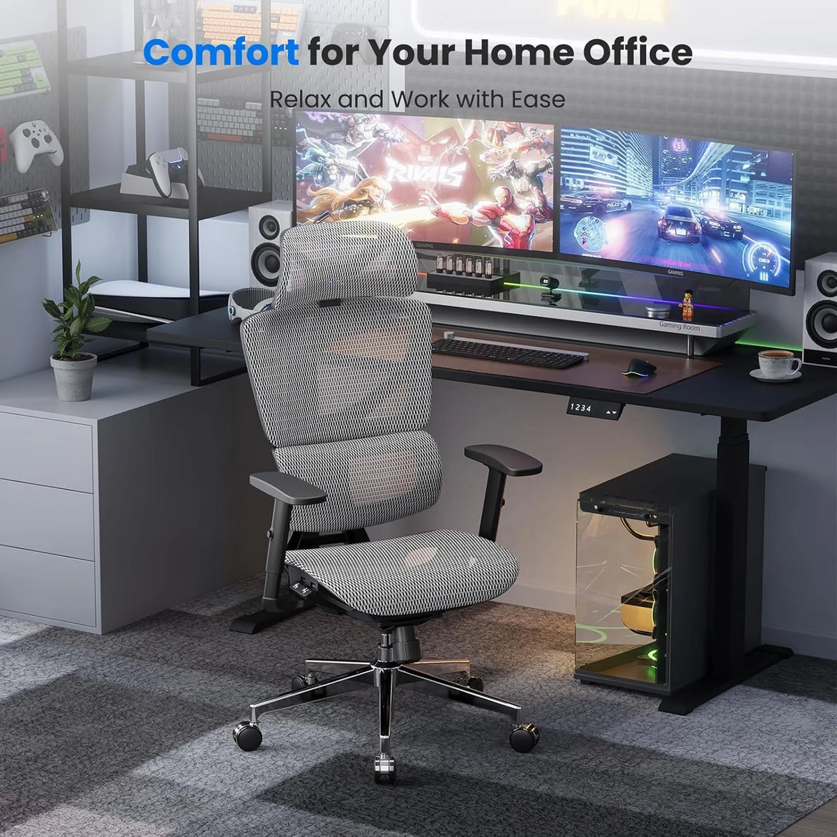 Ergonomic chair in a home office setup with dual monitors and gaming equipment.