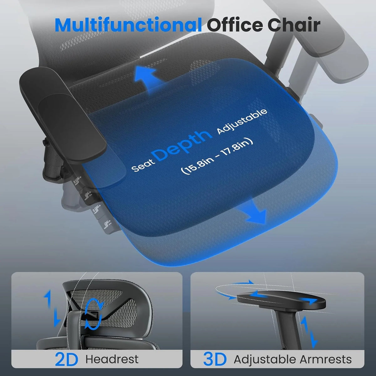 Multifunctional office chair with adjustable features on a gray background