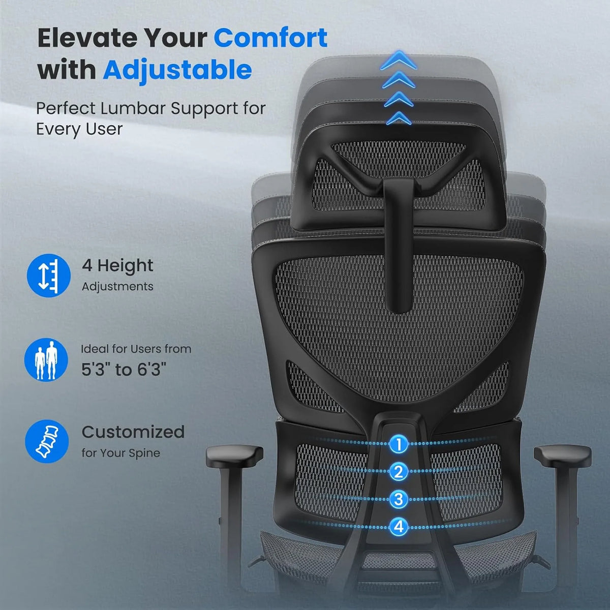 Ergonomic chair with adjustable features on a gray background