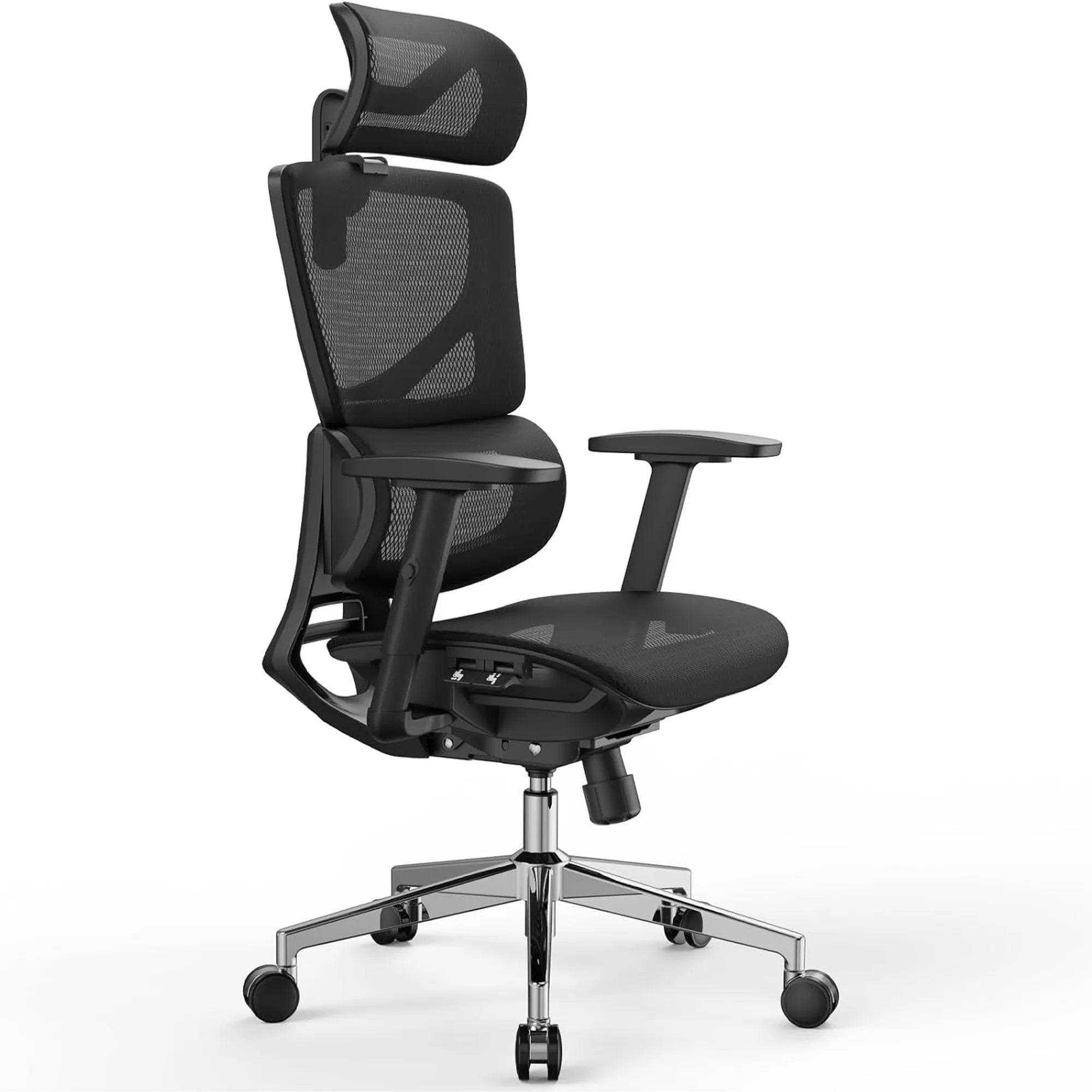 A modern black mesh ergonomic office chair with a headrest, adjustable armrests, and a chrome five-star wheeled base, shown on a clean white background.