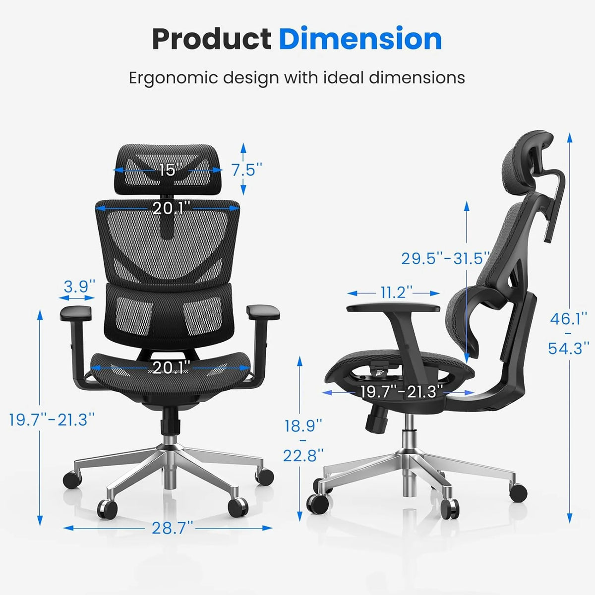Product dimension diagram of a black ergonomic mesh office chair with silver five-star base, showing front and side views with labeled measurements on a light gray background.