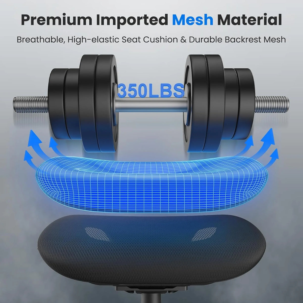 An ergonomic office chair seat cushion and backrest mesh system shown with a barbell above and a blue wireframe illustration of breathable mesh material. Text at the top reads 'Premium Imported Mesh Material' and 'Breathable, High-elastic Seat Cushion & Durable Backrest Mesh.