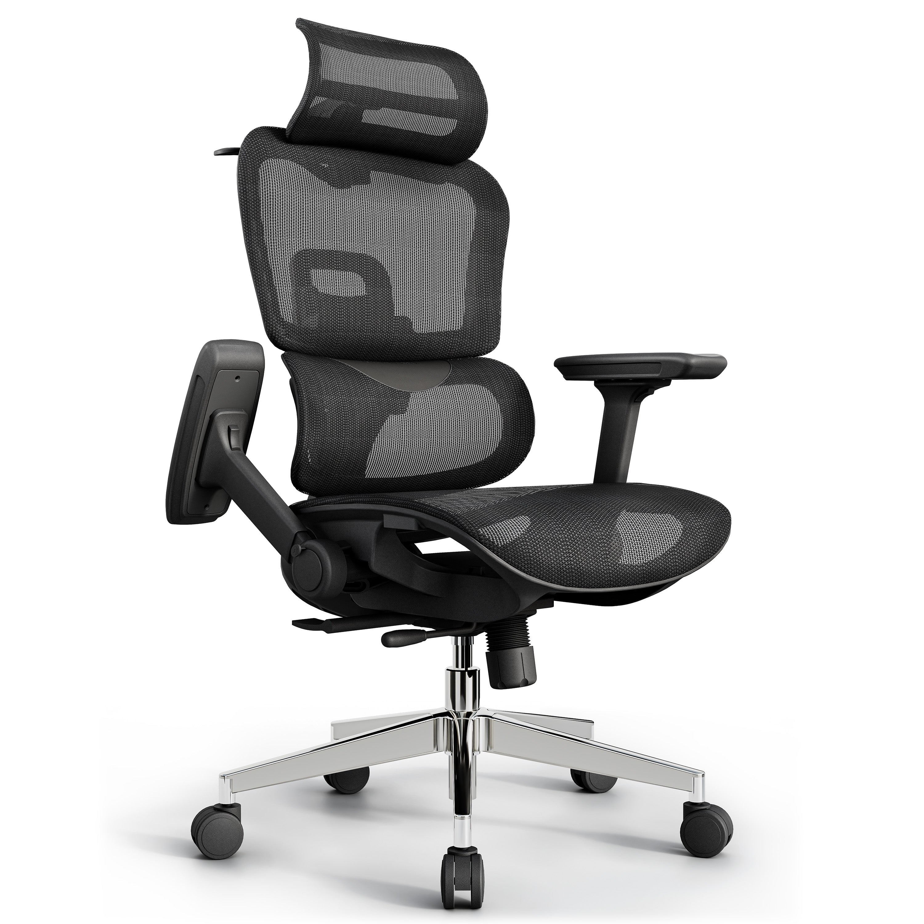 A modern black mesh ergonomic office chair with a high back, adjustable armrests, a headrest, and a five-star chrome base with casters, shown on a white background.