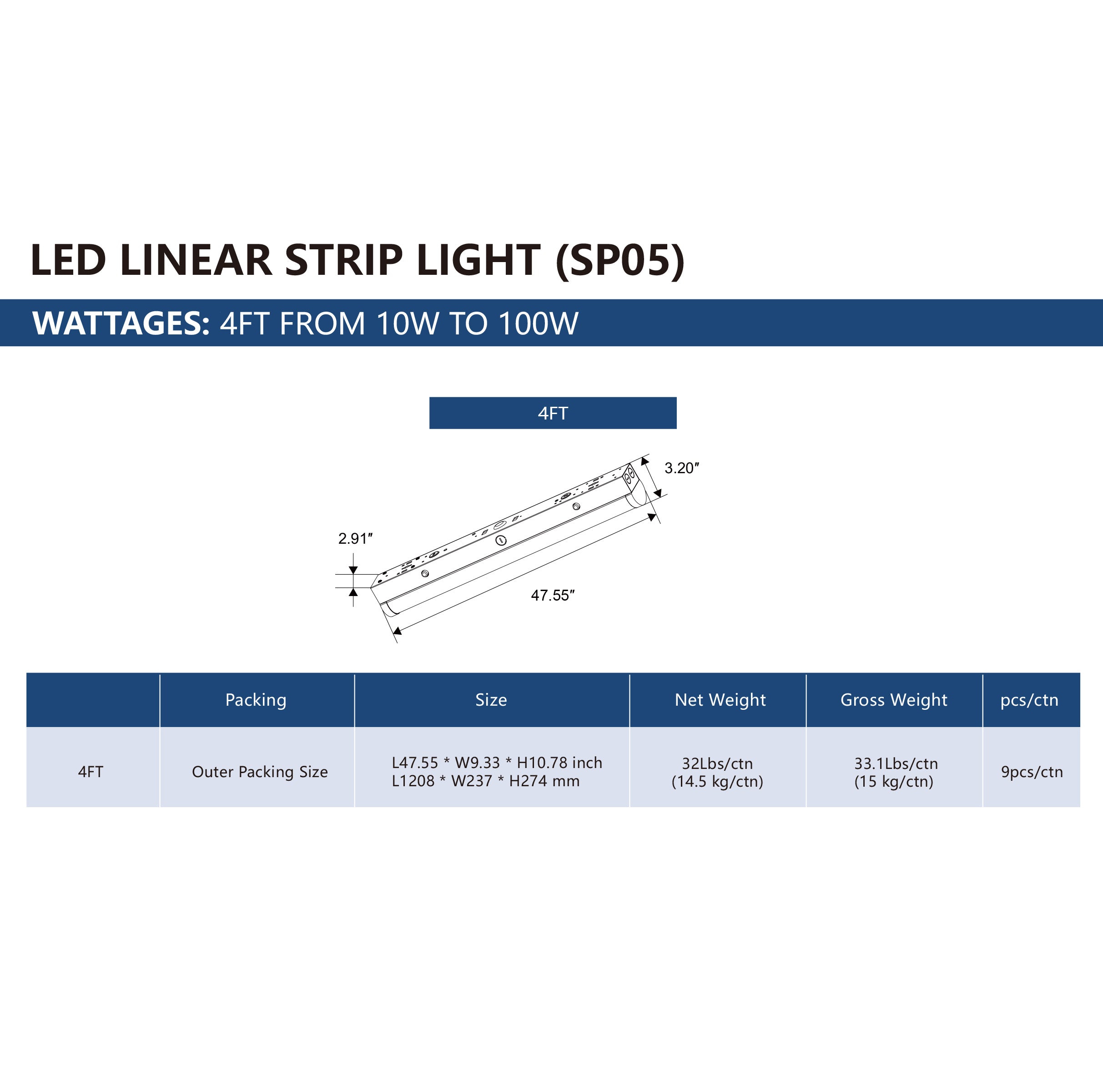 4FT Linear Strip Light – High-Efficiency & Selectable Wattage (10W-100W) for Commercial & Industrial Use